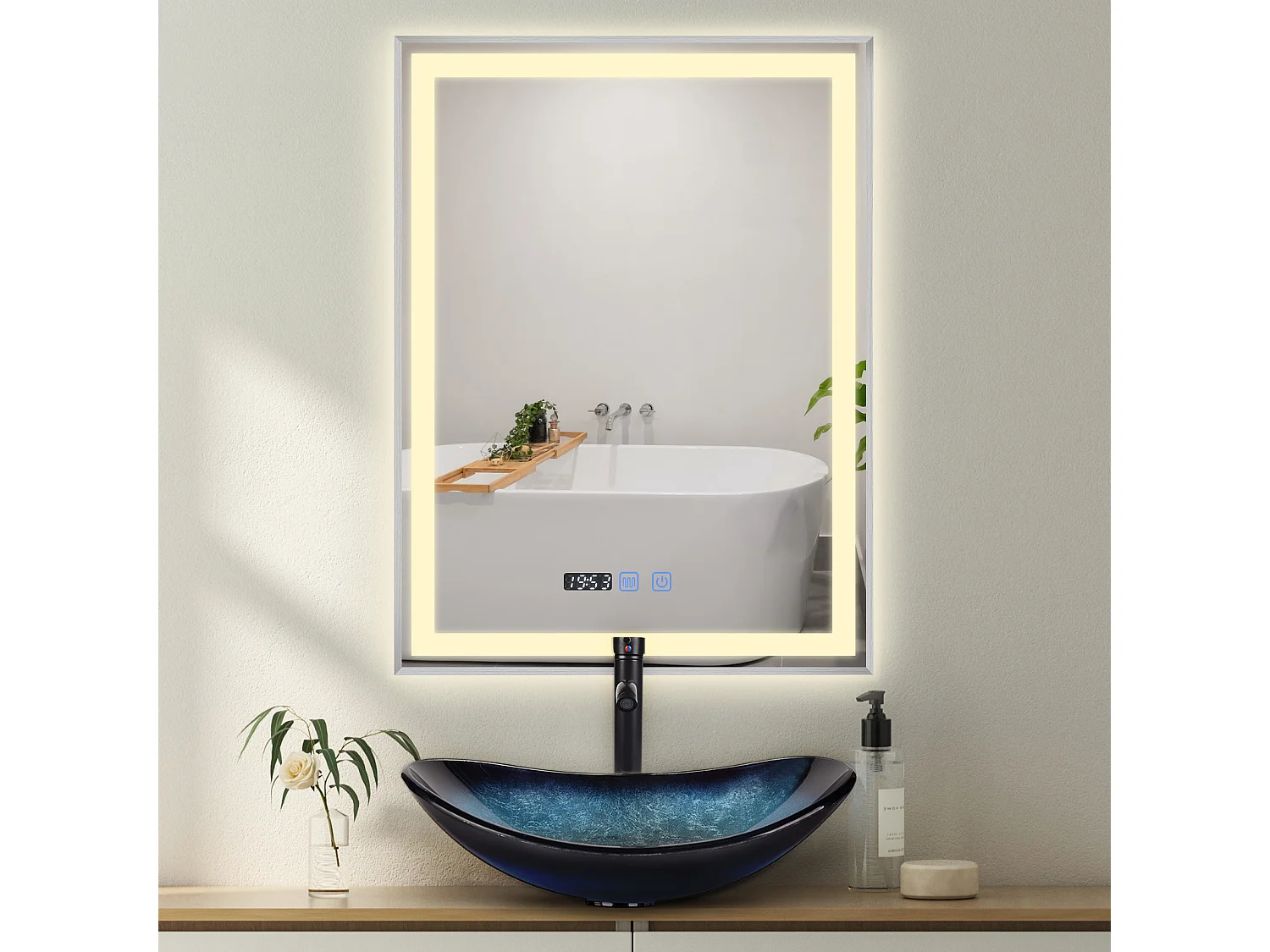 Miroir de salle de bain à LED 100 x 80 cm - Puluomis - éclairage réglable, anti‑buée, affichage horaire - Argent