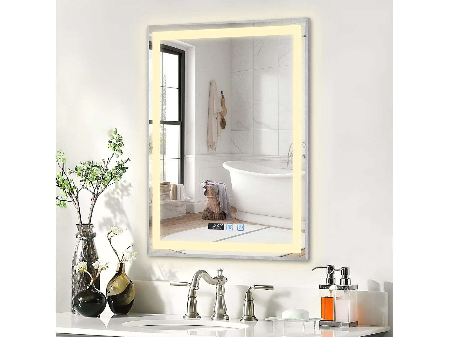 Miroir de salle de bain à LED 100 x 80 cm - Puluomis - éclairage réglable, anti‑buée, affichage horaire - Argent