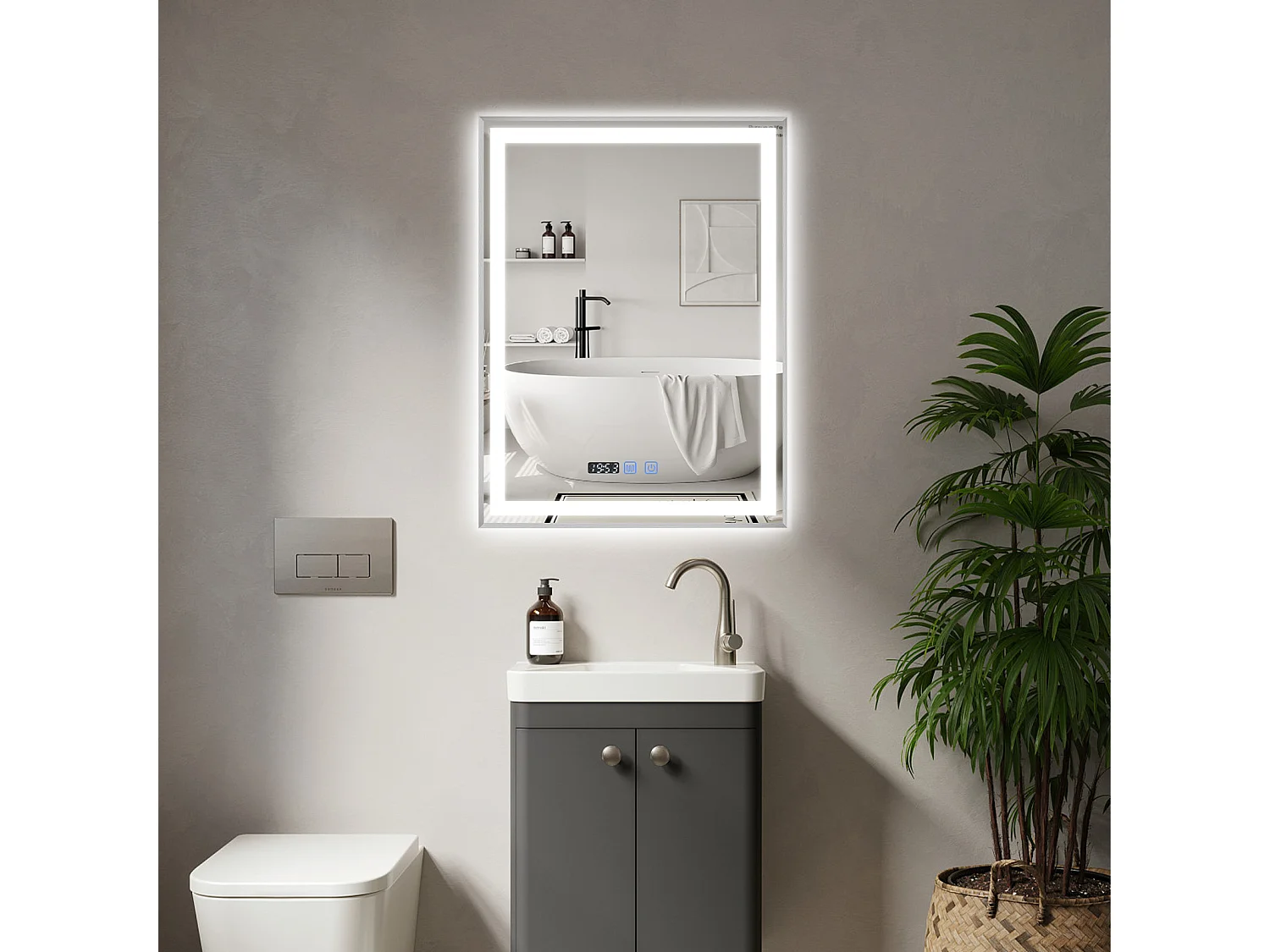 Miroir de salle de bain à LED 100 x 80 cm - Puluomis - éclairage réglable, anti‑buée, affichage horaire - Argent