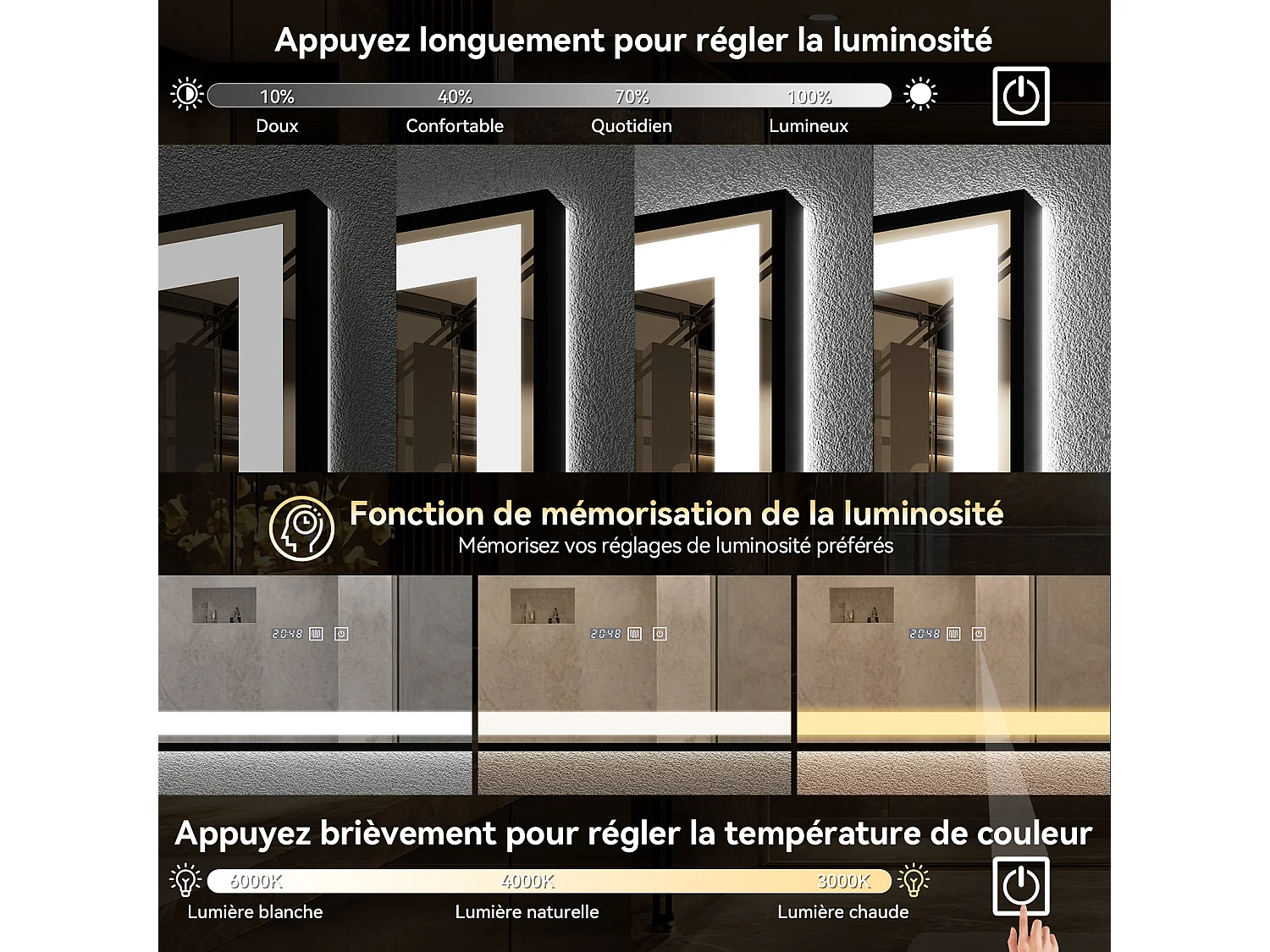 Miroir de salle de bain à LED 100 x 60 cm - Puluomis - éclairage réglable, anti‑buée, affichage horaire - Noir
