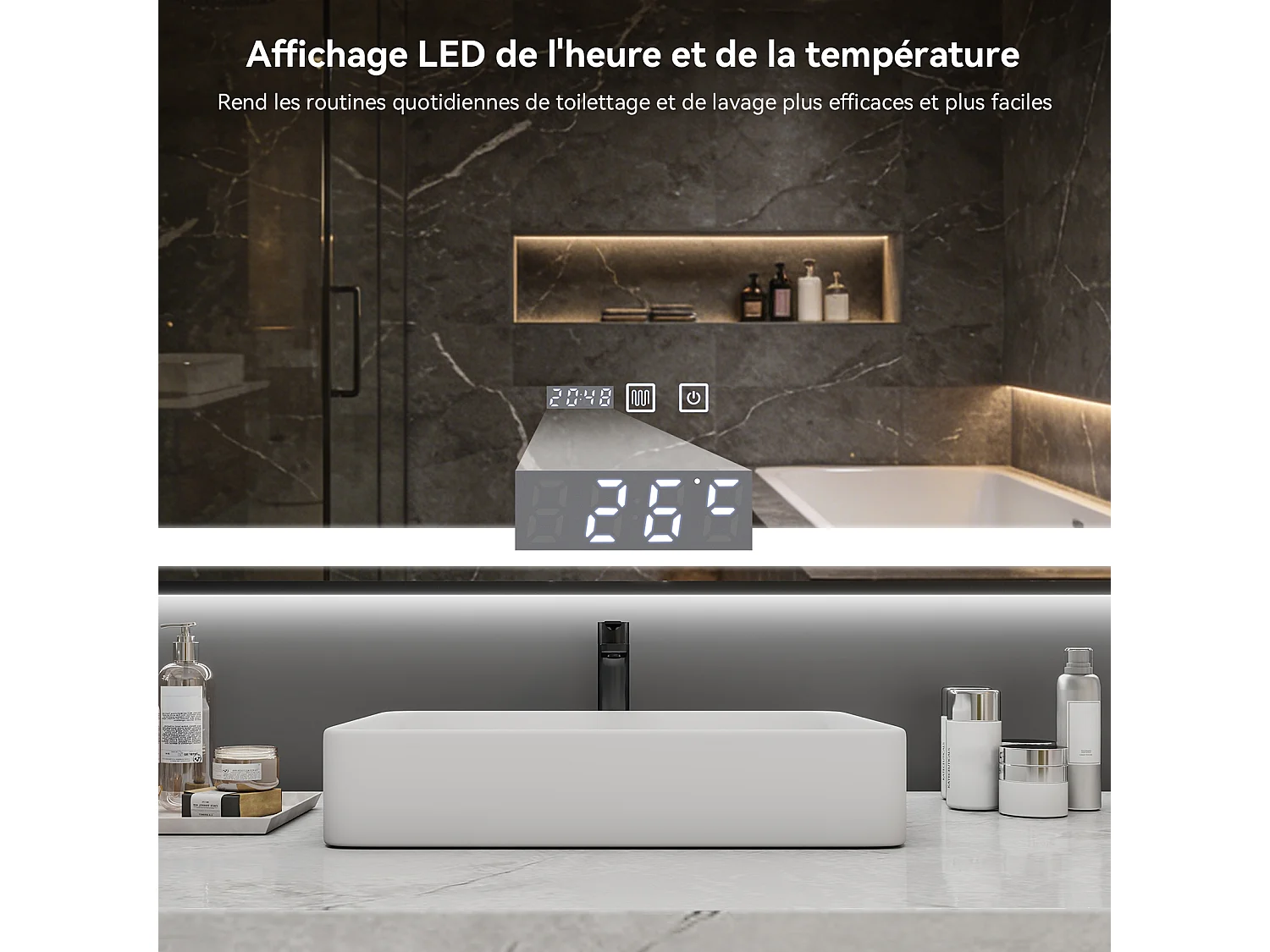Miroir de salle de bain à LED 100 x 60 cm - Puluomis - éclairage réglable, anti‑buée, affichage horaire - Noir