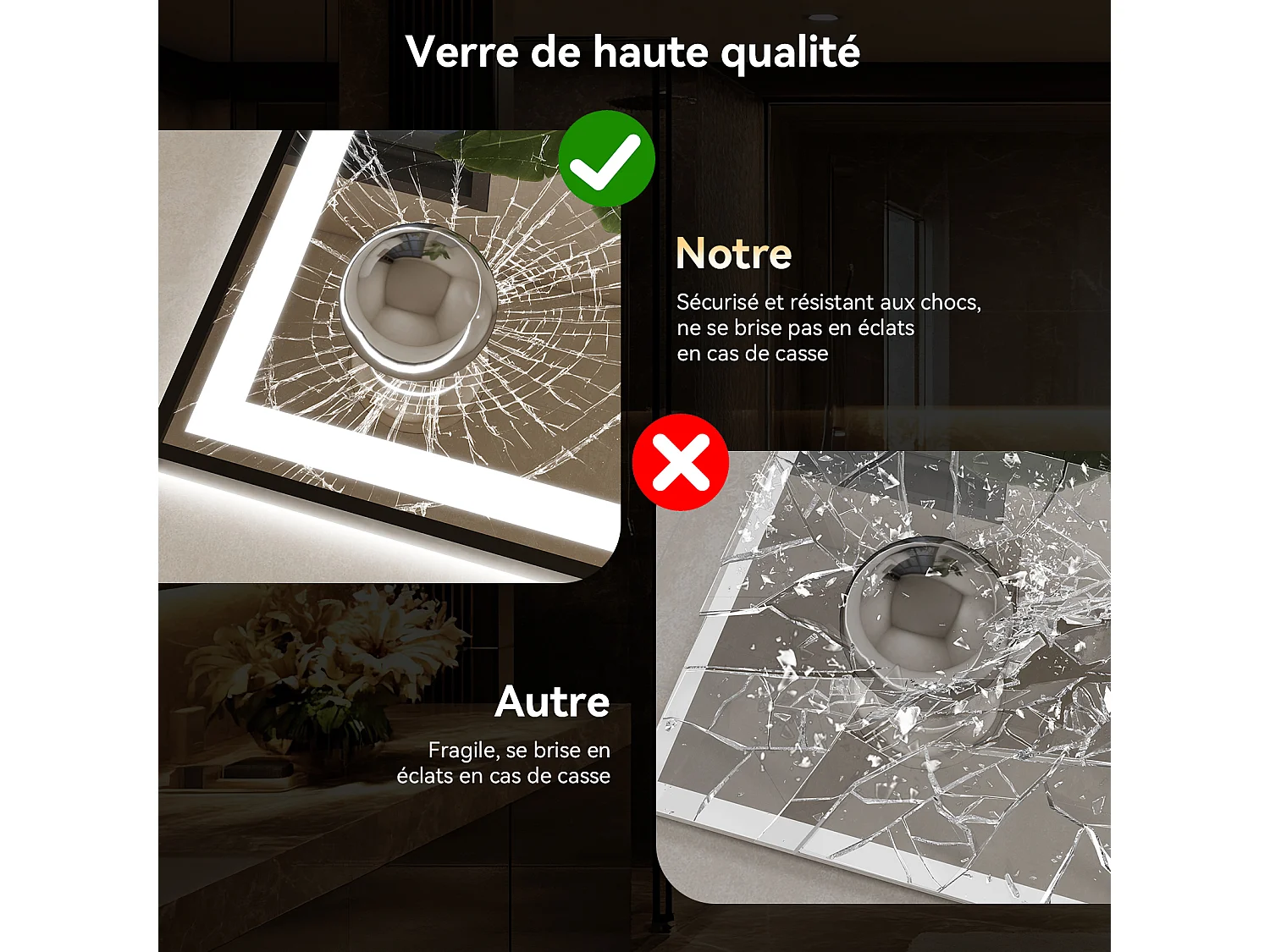 Miroir de salle de bain à LED 100 x 60 cm - Puluomis - éclairage réglable, anti‑buée, affichage horaire - Noir