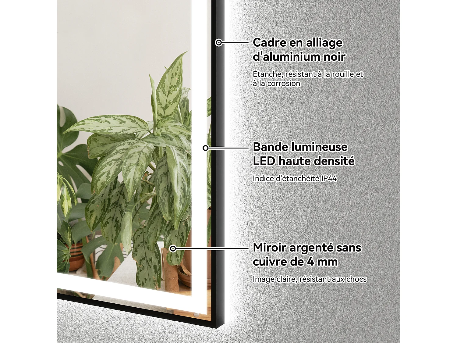 Miroir de salle de bain à LED 100 x 60 cm - Puluomis - éclairage réglable, anti‑buée, affichage horaire - Noir