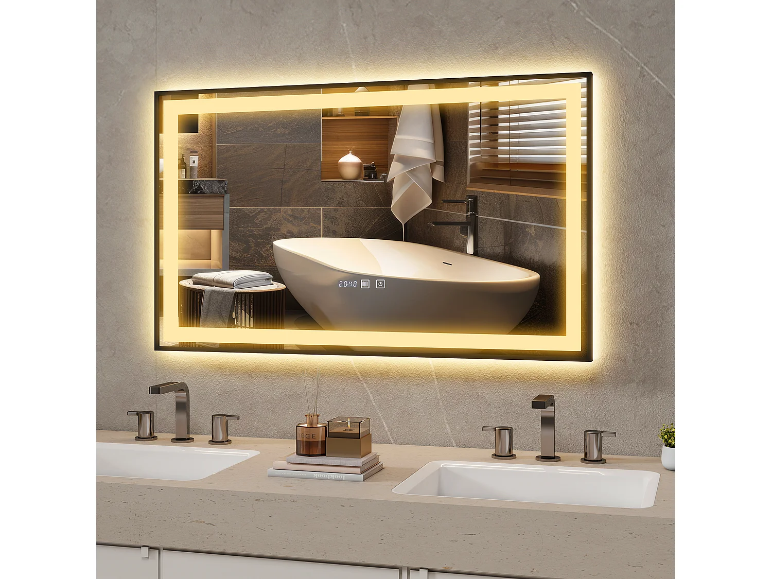 Miroir de salle de bain à LED 100 x 60 cm - Puluomis - éclairage réglable, anti‑buée, affichage horaire - Noir