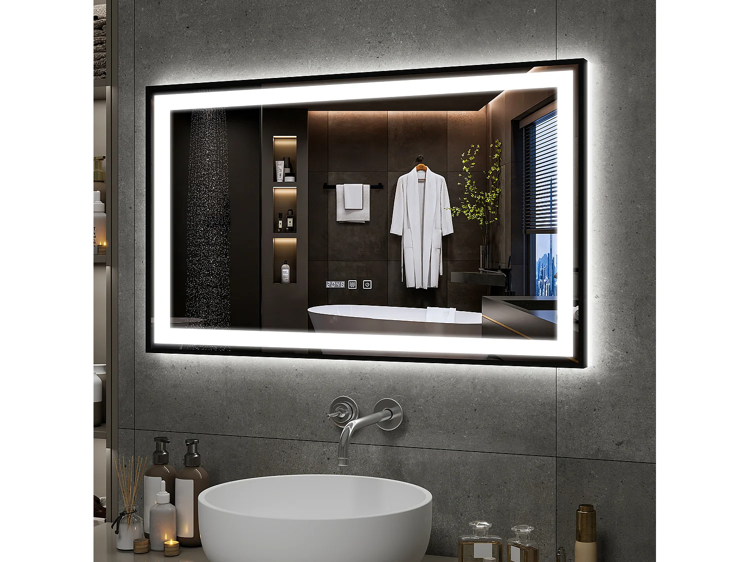 Miroir de salle de bain à LED 100 x 60 cm - Puluomis - éclairage réglable, anti‑buée, affichage horaire - Noir