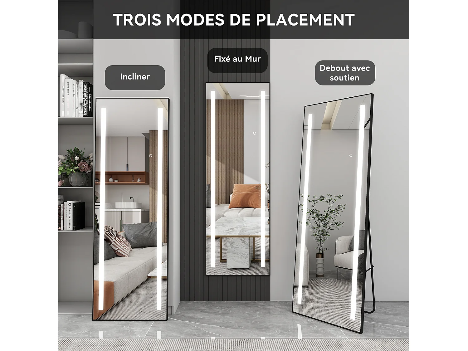 Miroir pleine longueur - Puluomis - Miroir avec éclairage LED, 3 modes de lumière, 3 façons d'installation, fonction mémoire - Noir