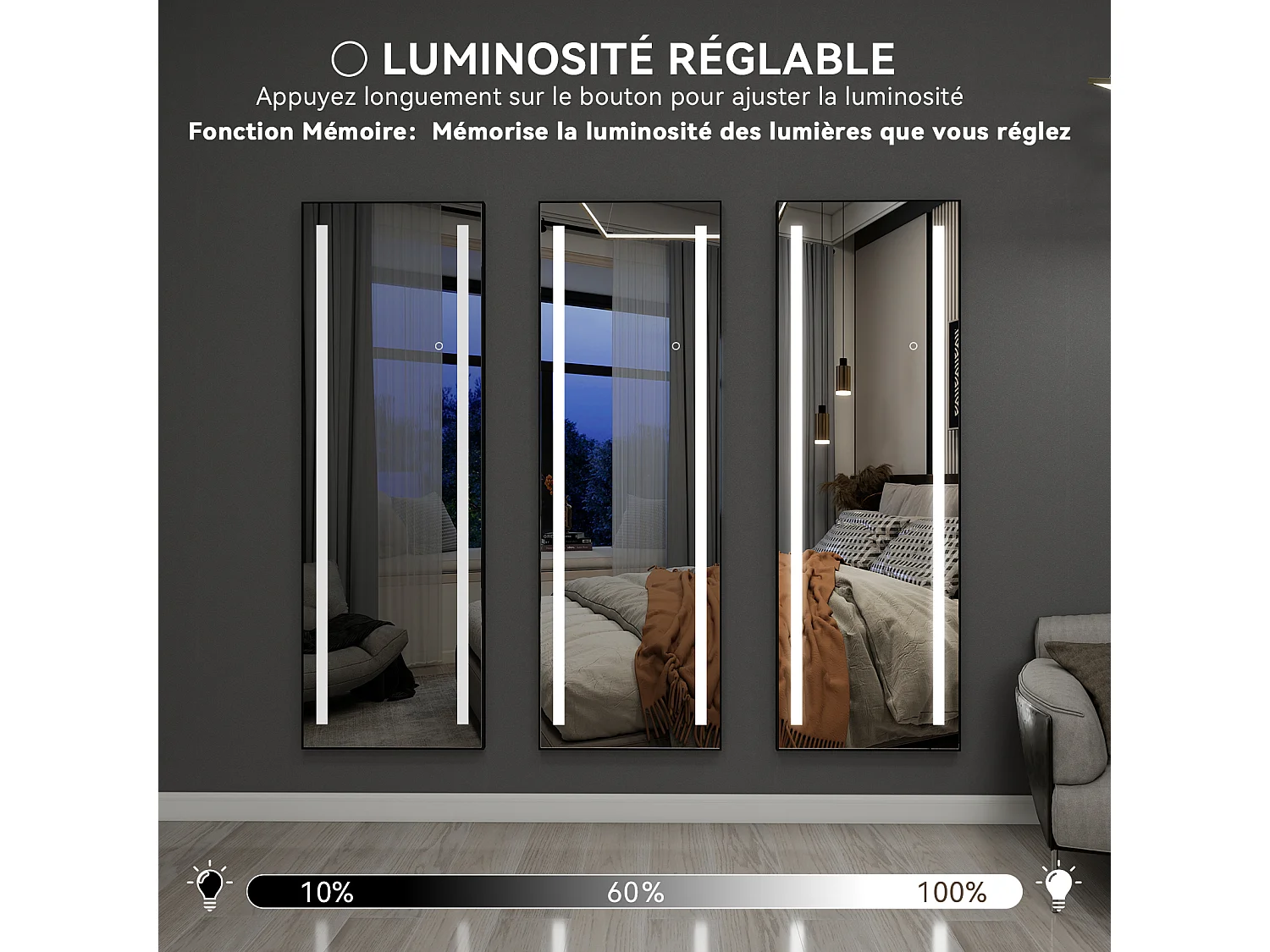 Miroir pleine longueur - Puluomis - Miroir avec éclairage LED, 3 modes de lumière, 3 façons d'installation, fonction mémoire - Noir