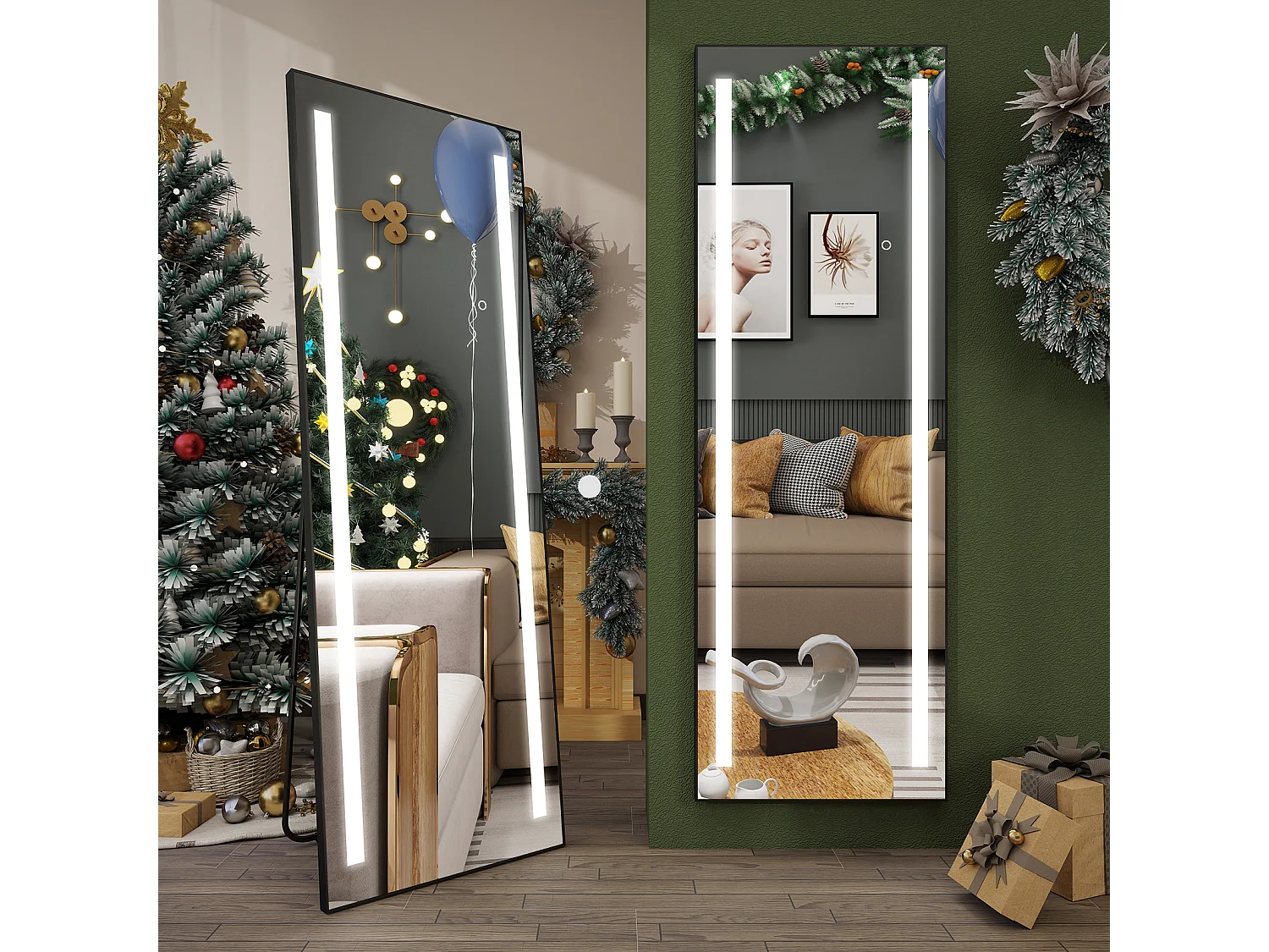 Miroir pleine longueur - Puluomis - Miroir avec éclairage LED, 3 modes de lumière, 3 façons d'installation, fonction mémoire - Noir