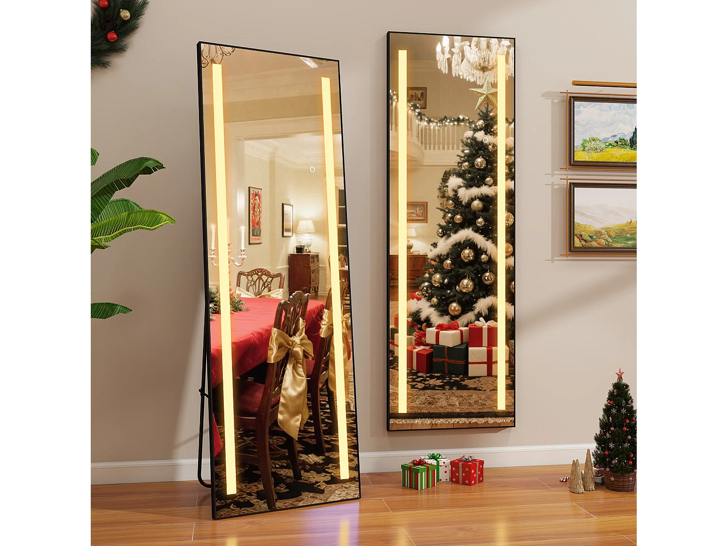 Miroir pleine longueur - Puluomis - Miroir avec éclairage LED, 3 modes de lumière, 3 façons d'installation, fonction mémoire - Noir