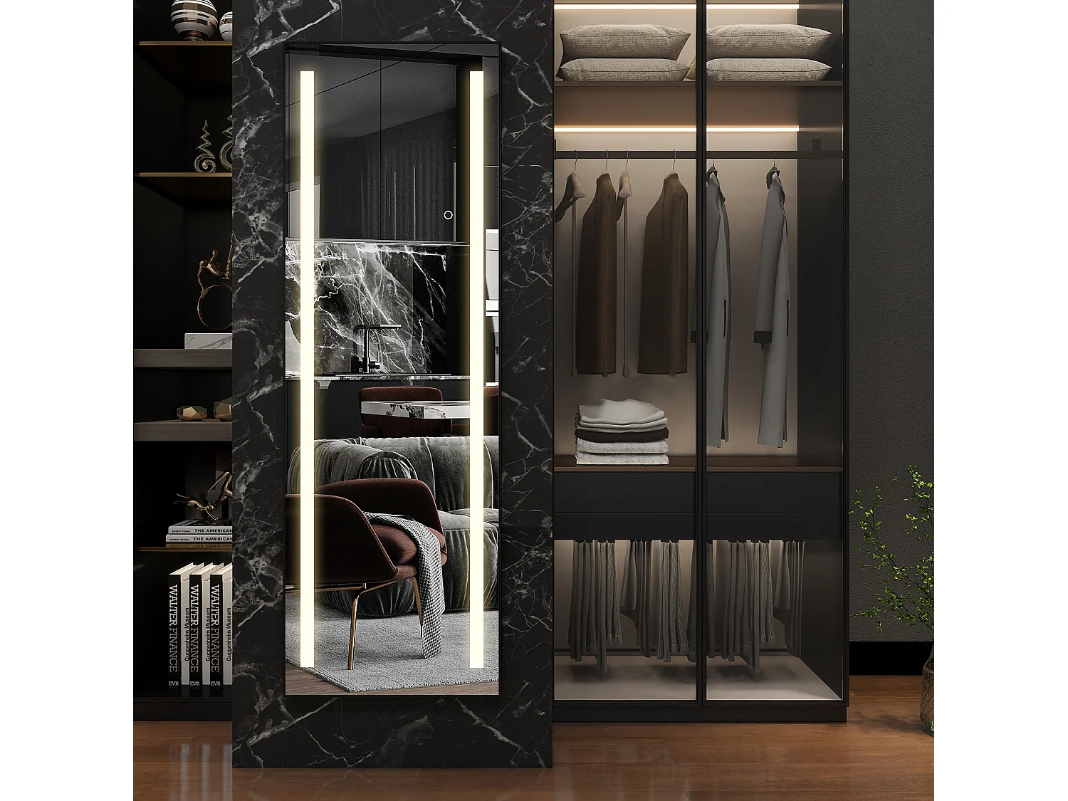 Miroir pleine longueur - Puluomis - Miroir avec éclairage LED, 3 modes de lumière, 3 façons d'installation, fonction mémoire - Noir