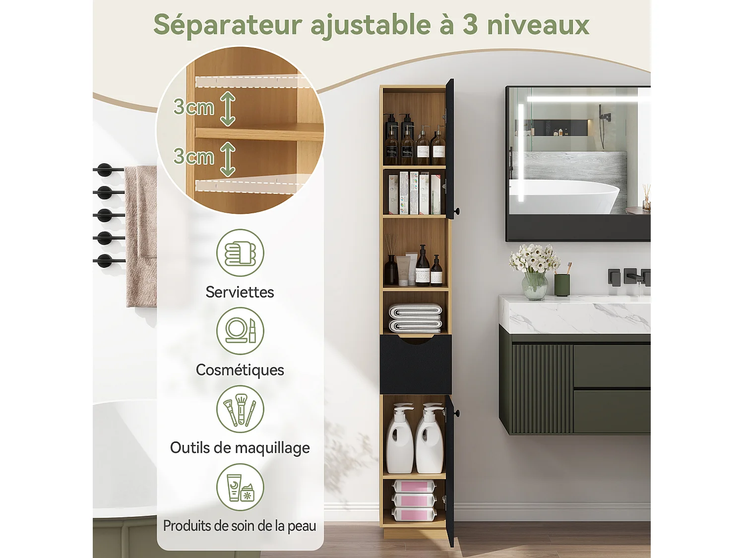 Armoire de rangement haute étroite - Puluomis - Étagères réglables sur 3 niveaux, 2 placards, 1 tiroir, dispositif anti‑basculement, poignées rondes - Naturel