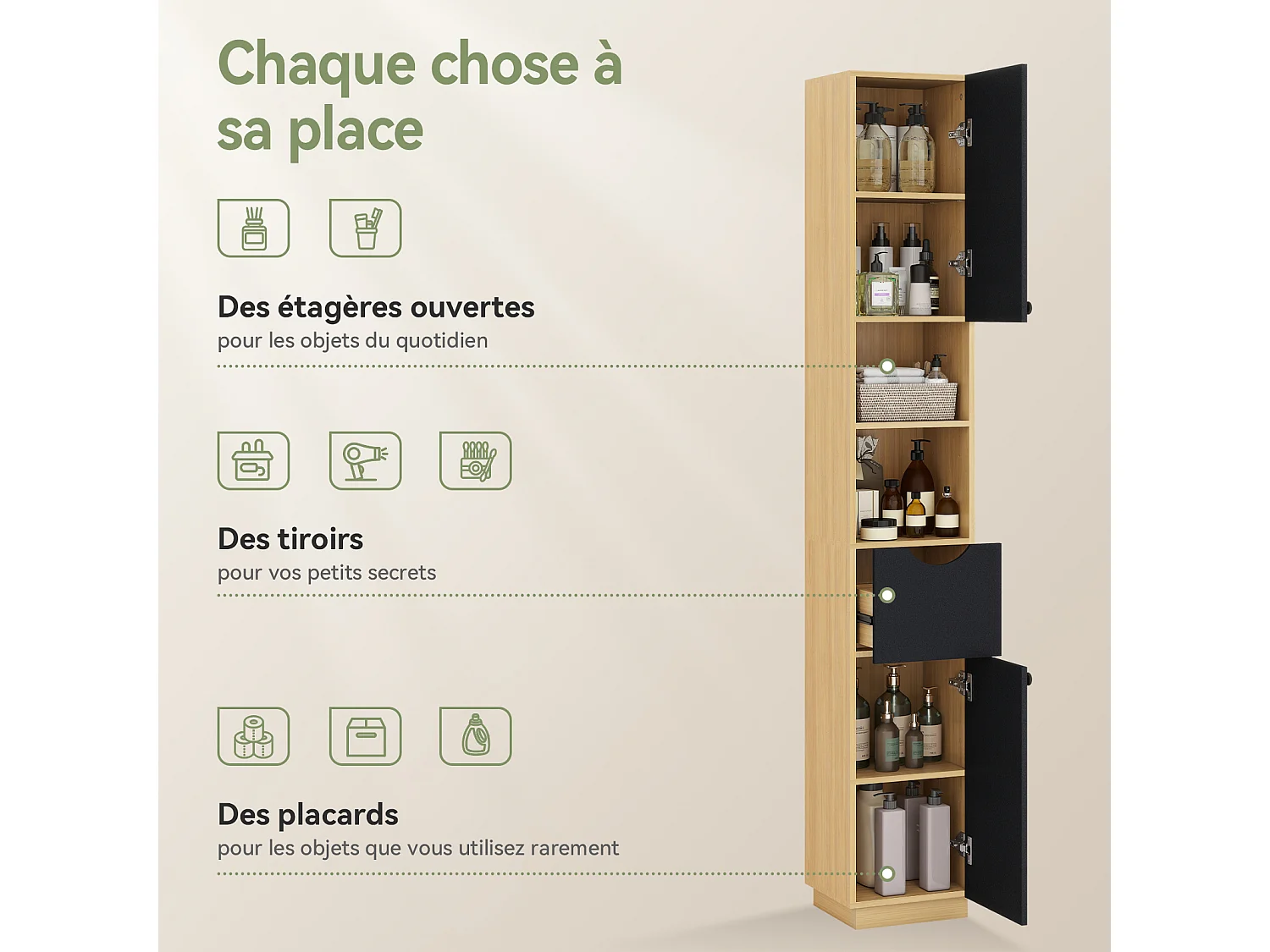 Armoire de rangement haute étroite - Puluomis - Étagères réglables sur 3 niveaux, 2 placards, 1 tiroir, dispositif anti‑basculement, poignées rondes - Naturel