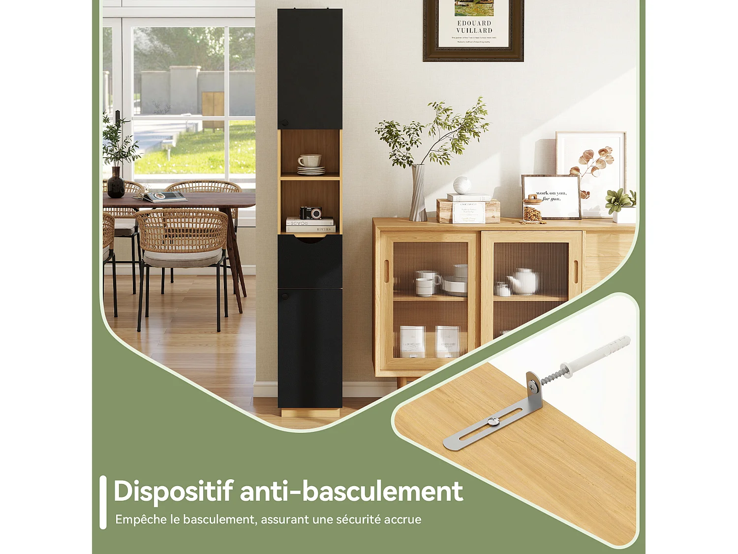Armoire de rangement haute étroite - Puluomis - Étagères réglables sur 3 niveaux, 2 placards, 1 tiroir, dispositif anti‑basculement, poignées rondes - Naturel