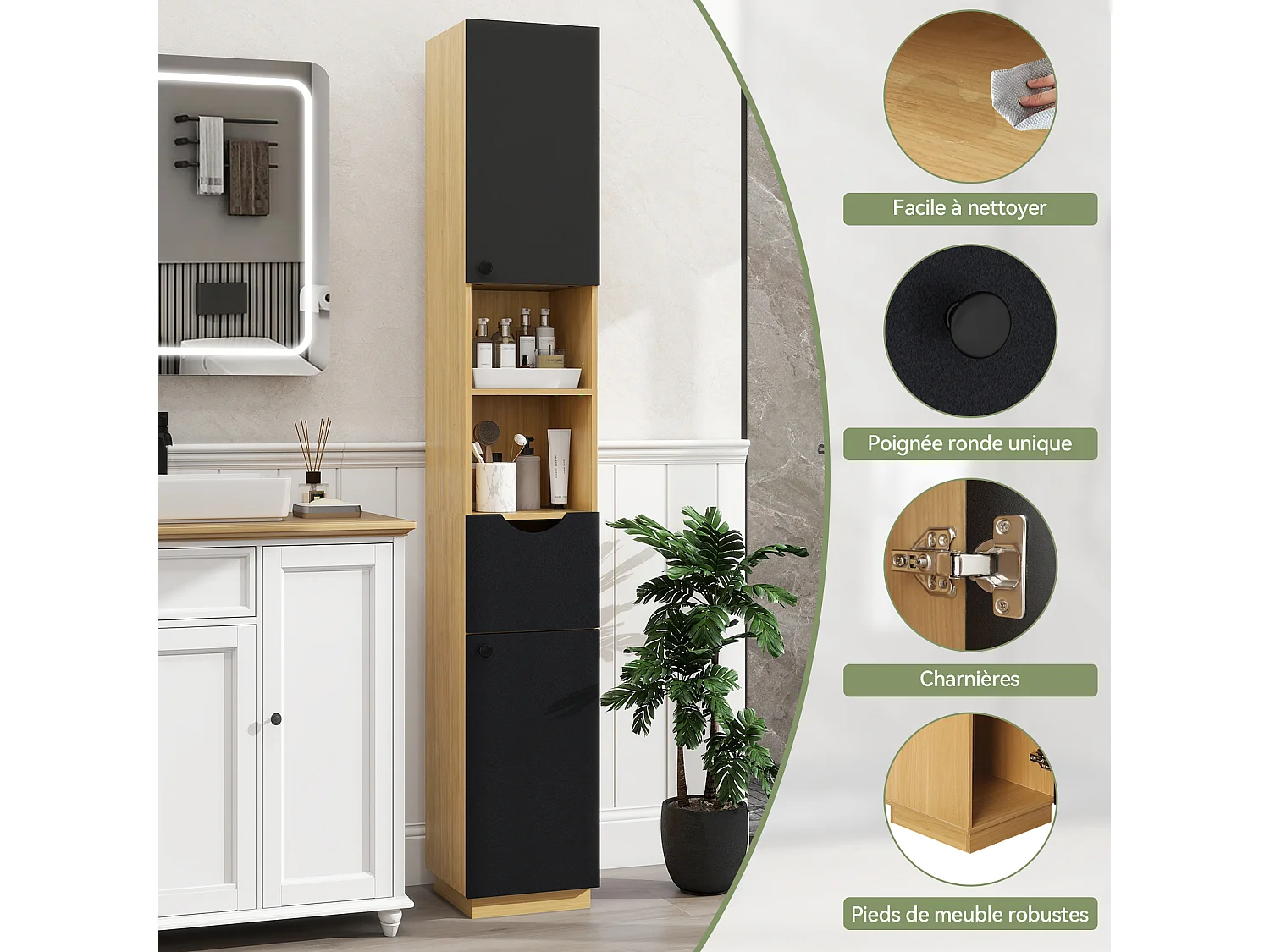 Armoire de rangement haute étroite - Puluomis - Étagères réglables sur 3 niveaux, 2 placards, 1 tiroir, dispositif anti‑basculement, poignées rondes - Naturel