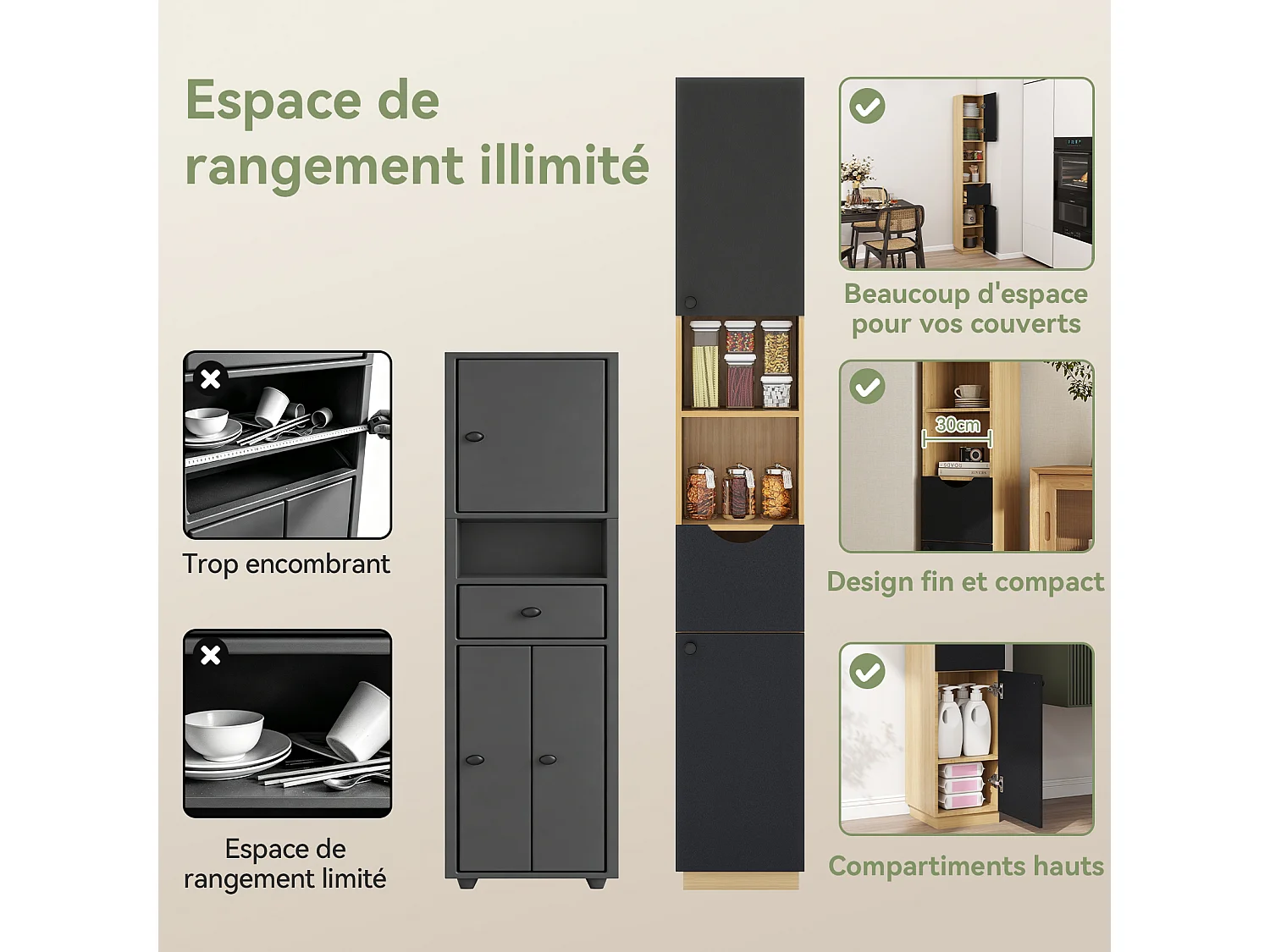 Armoire de rangement haute étroite - Puluomis - Étagères réglables sur 3 niveaux, 2 placards, 1 tiroir, dispositif anti‑basculement, poignées rondes - Naturel