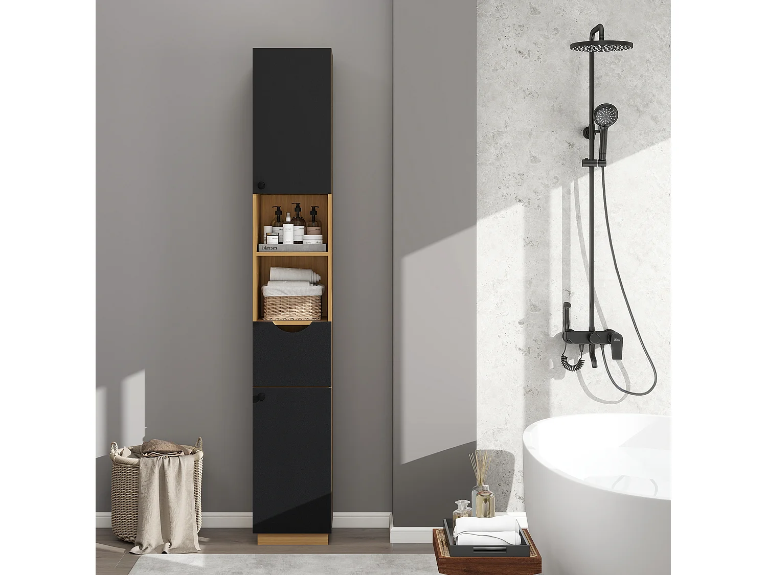 Armoire de rangement haute étroite - Puluomis - Étagères réglables sur 3 niveaux, 2 placards, 1 tiroir, dispositif anti‑basculement, poignées rondes - Naturel