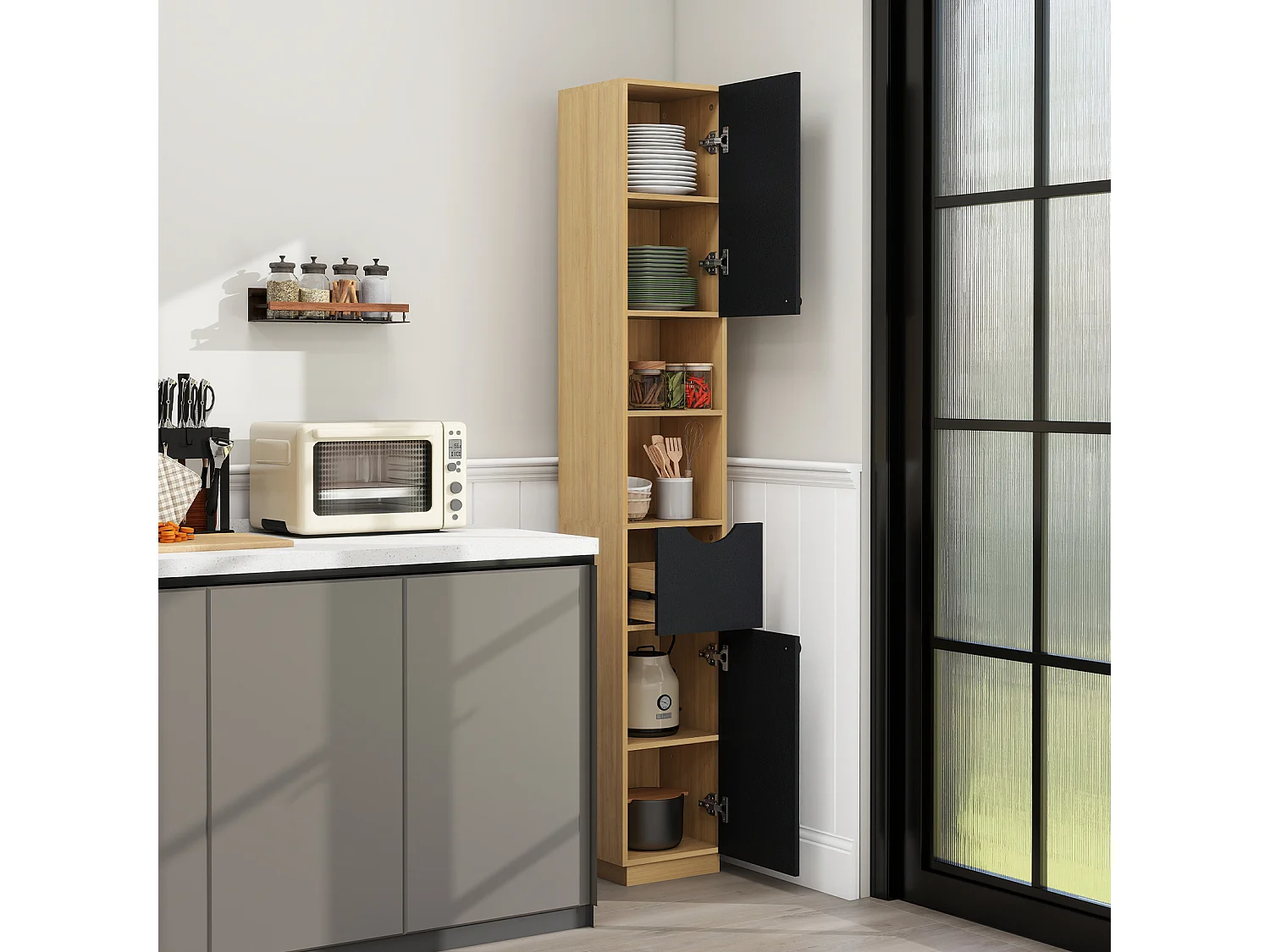Armoire de rangement haute étroite - Puluomis - Étagères réglables sur 3 niveaux, 2 placards, 1 tiroir, dispositif anti‑basculement, poignées rondes - Naturel