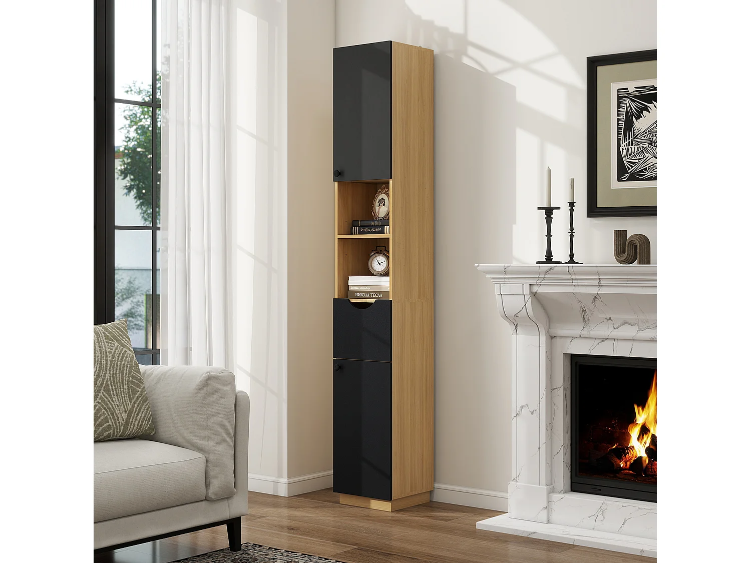 Armoire de rangement haute étroite - Puluomis - Étagères réglables sur 3 niveaux, 2 placards, 1 tiroir, dispositif anti‑basculement, poignées rondes - Naturel