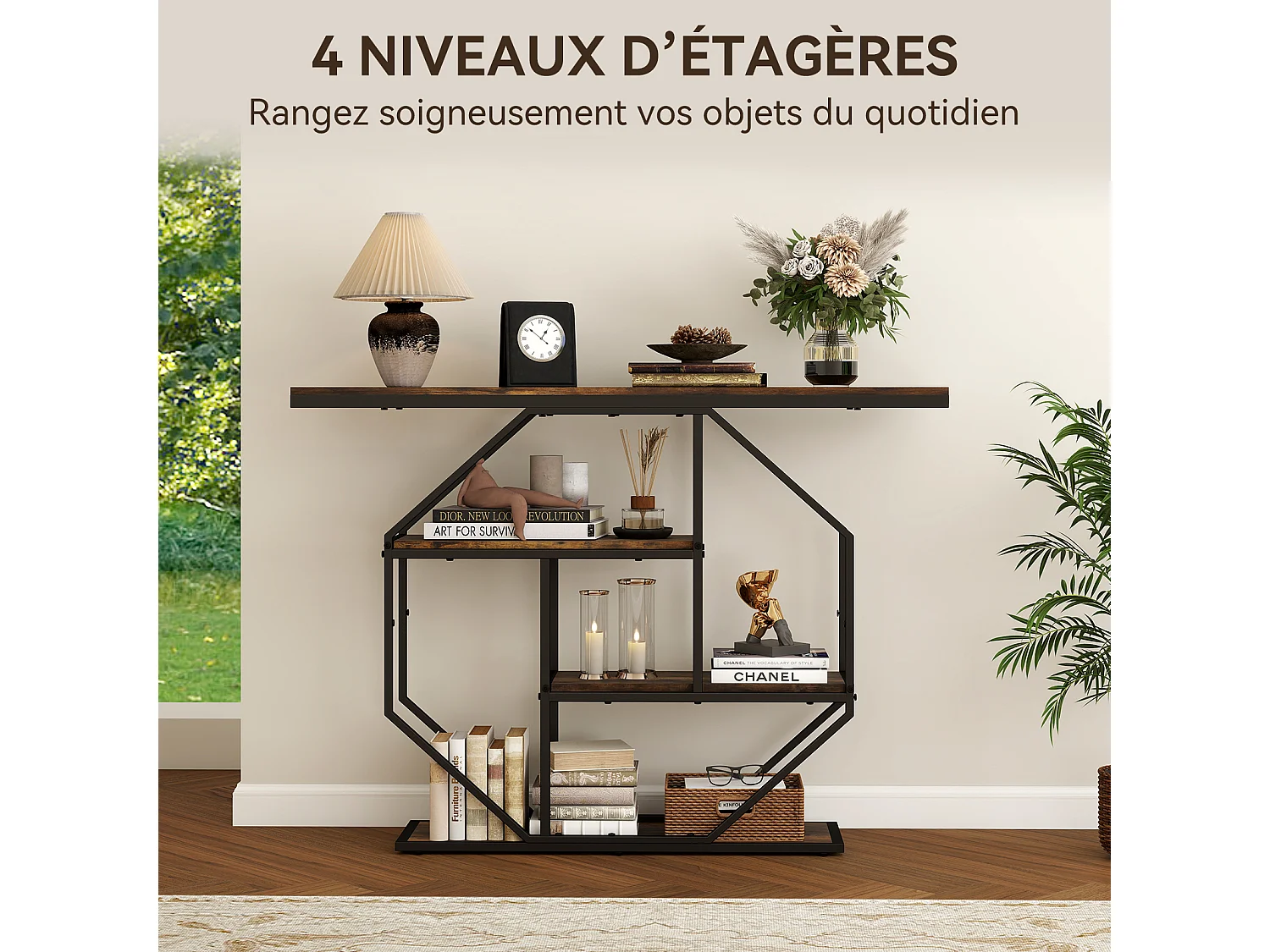 Console étagère à 4 niveaux - Puluomis - cadre métallique octogonal, dispositif anti-basculement, pieds réglables - Brun