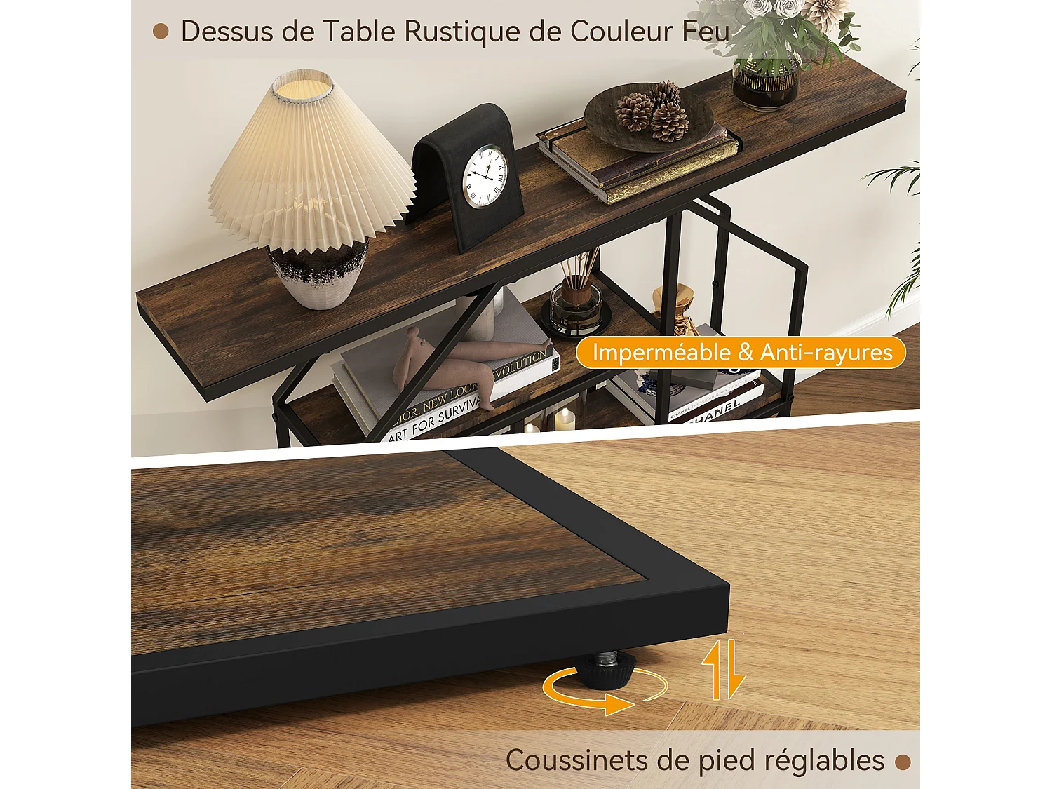 Console étagère à 4 niveaux - Puluomis - cadre métallique octogonal, dispositif anti-basculement, pieds réglables - Brun