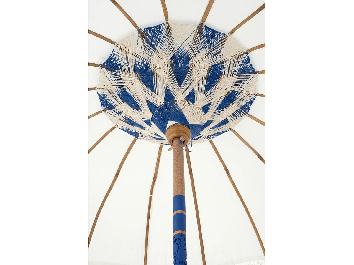 Parasol Rond à Franges "Flavie" 180cm Écru & Bleu