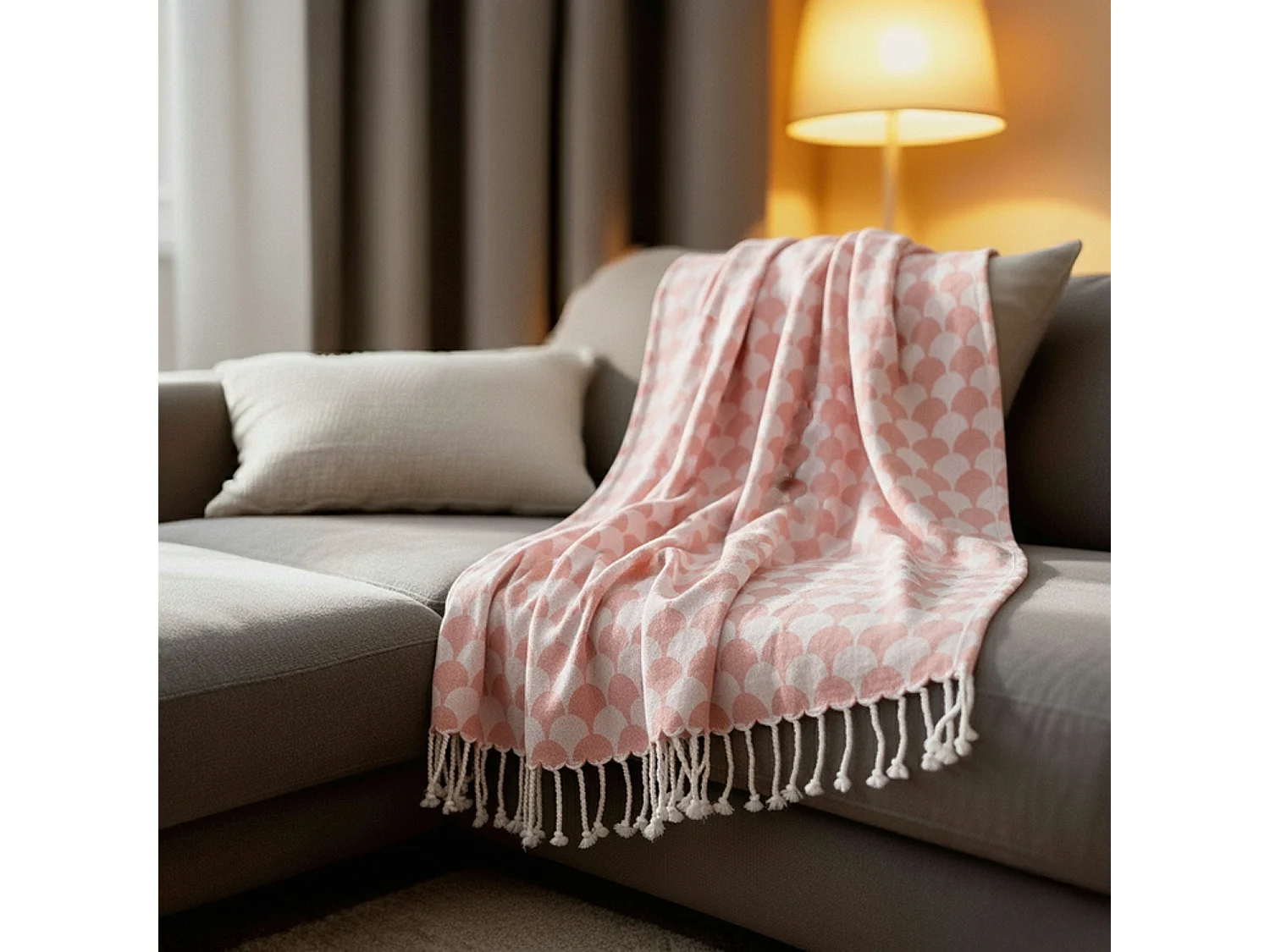 Couverture plaid DROPALL en coton 100% - Rose saumon et blanc avec franges - SACASA