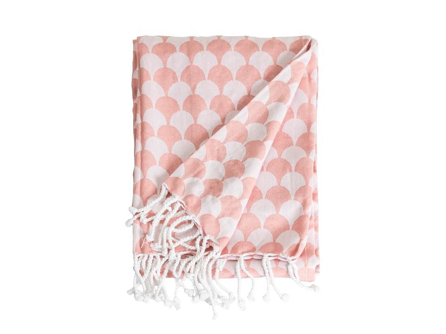 Couverture plaid DROPALL en coton 100% - Rose saumon et blanc avec franges - SACASA