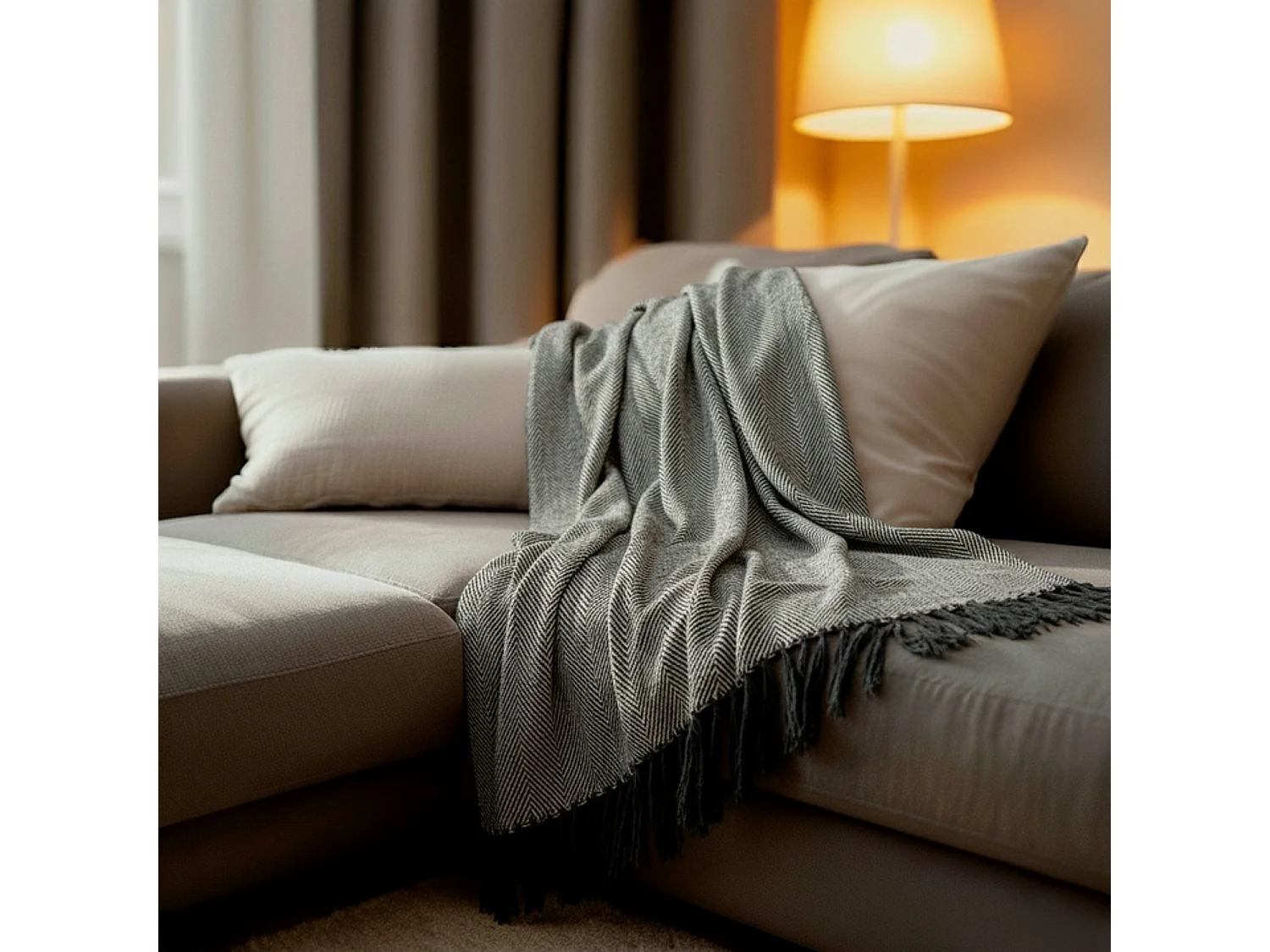 Couverture plaid ZIGORA en coton 100 % - Noir avec franges 180x220 cm - SACASA