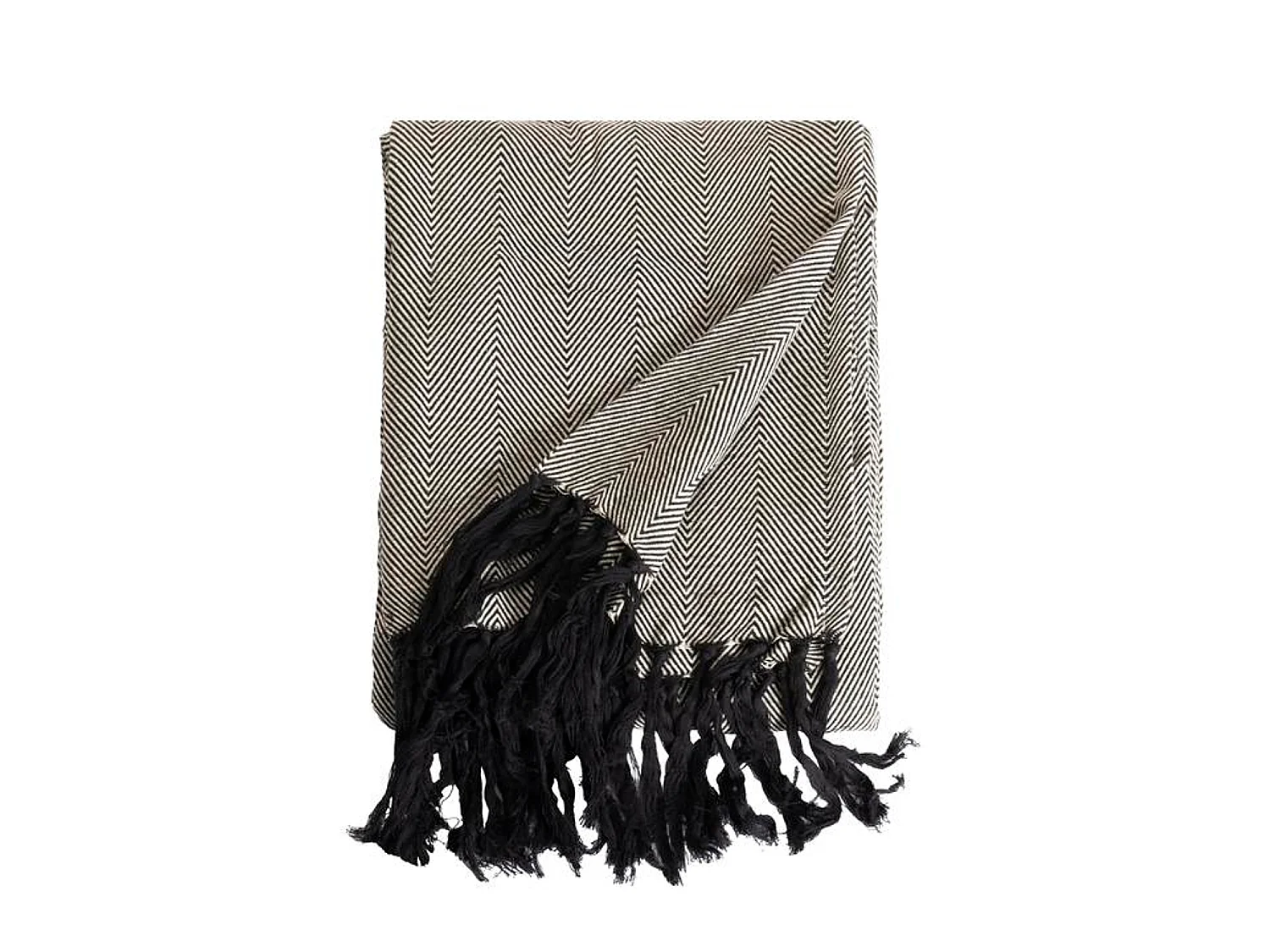 Couverture plaid ZIGORA en coton 100 % - Noir avec franges 180x220 cm - SACASA