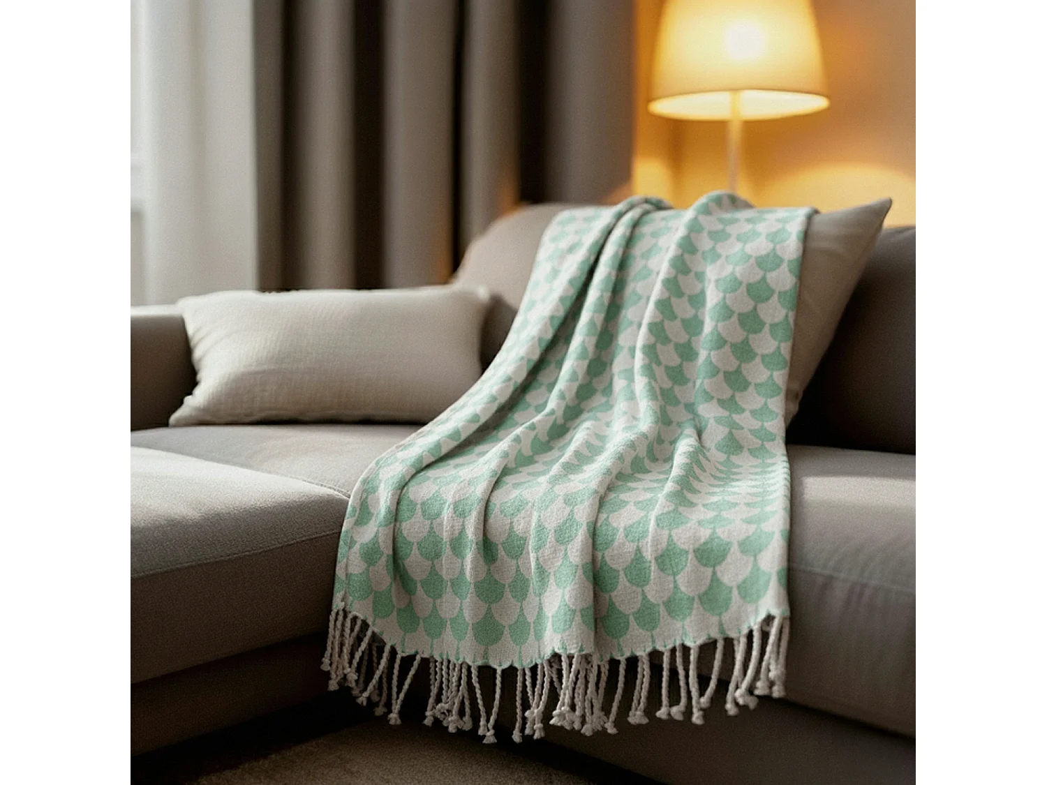 Couverture plaid en coton 100% vert à franges - DROPALL - SACASA