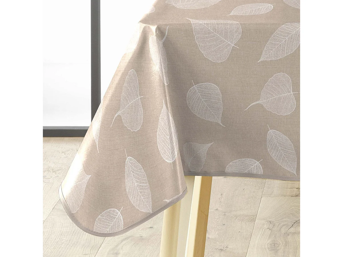 Nappe Toile Cirée "Feuillys" 140x240cm Beige Lin & Blanc