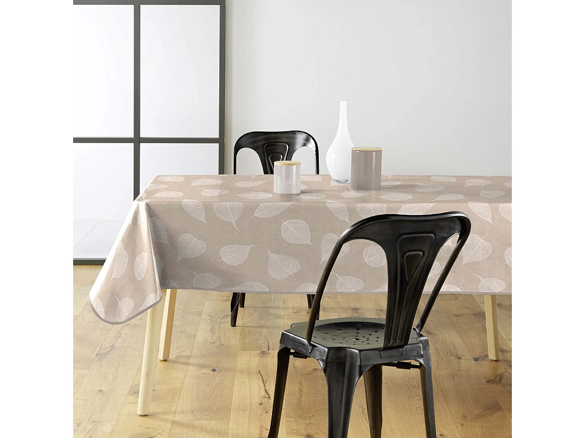 Nappe Toile Cirée "Feuillys" 140x240cm Beige Lin & Blanc