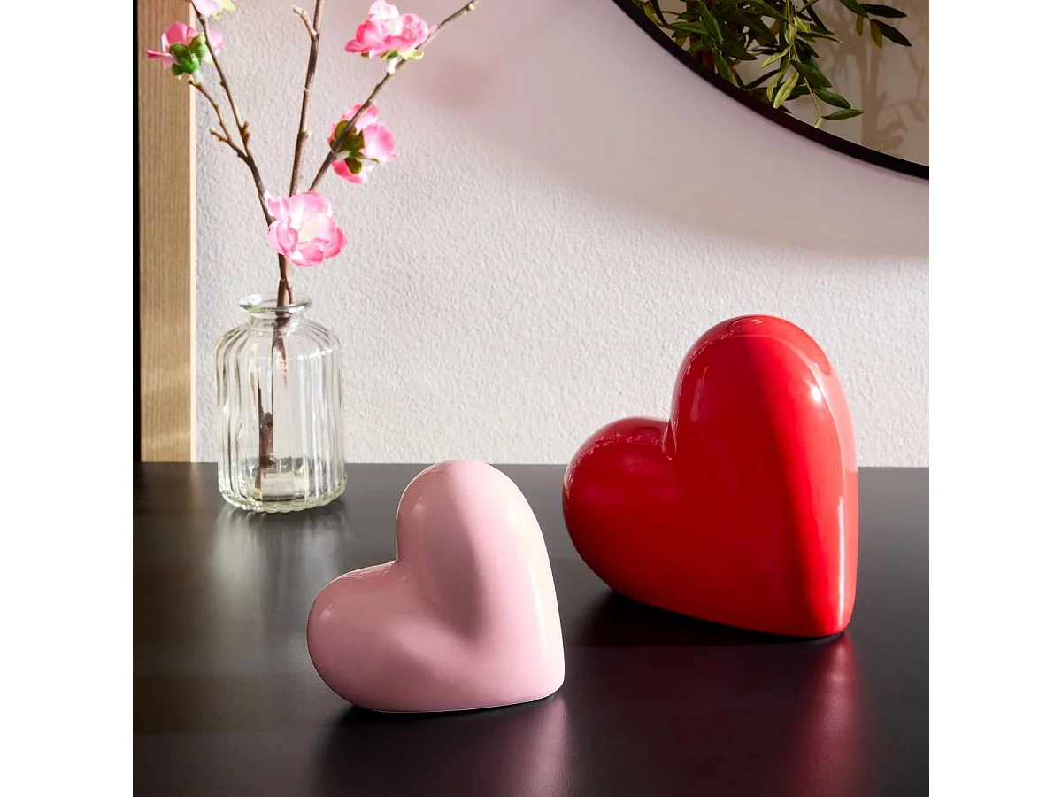 Lot de 2 Cœurs Déco en Céramique "Love" 14cm Rouge & Rose