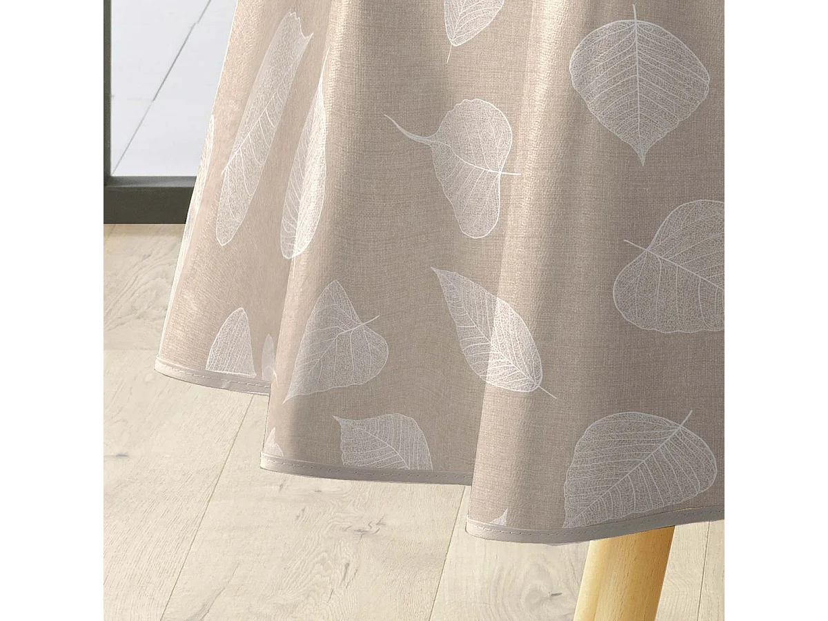 Nappe Toile Cirée Ronde "Feuillys" 160cm Beige Lin & Blanc