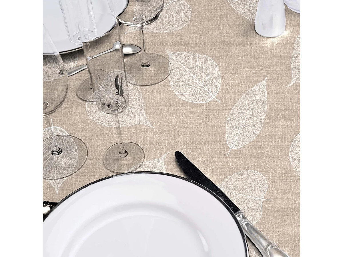 Nappe Toile Cirée Ronde "Feuillys" 160cm Beige Lin & Blanc