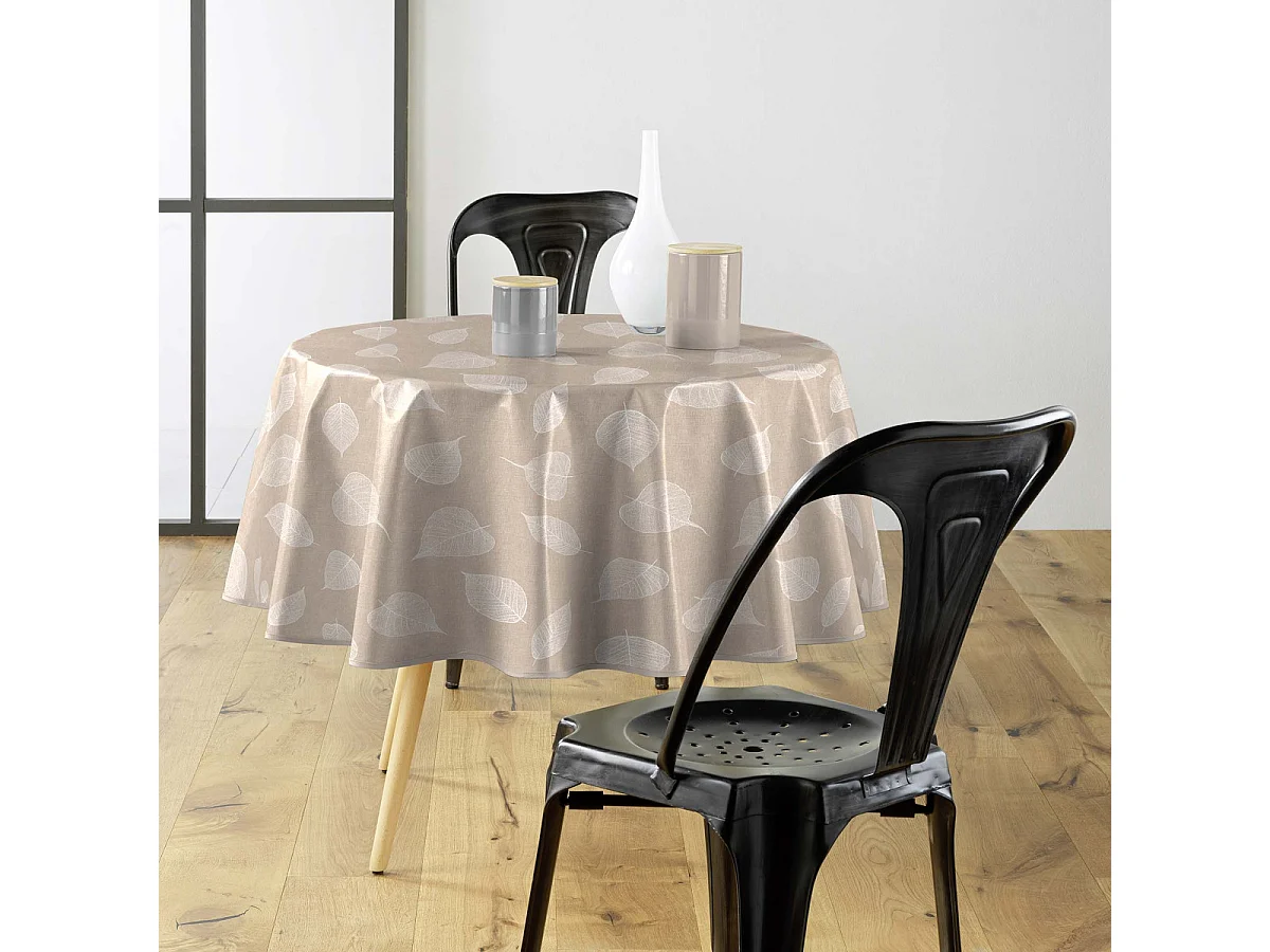 Nappe Toile Cirée Ronde "Feuillys" 160cm Beige Lin & Blanc