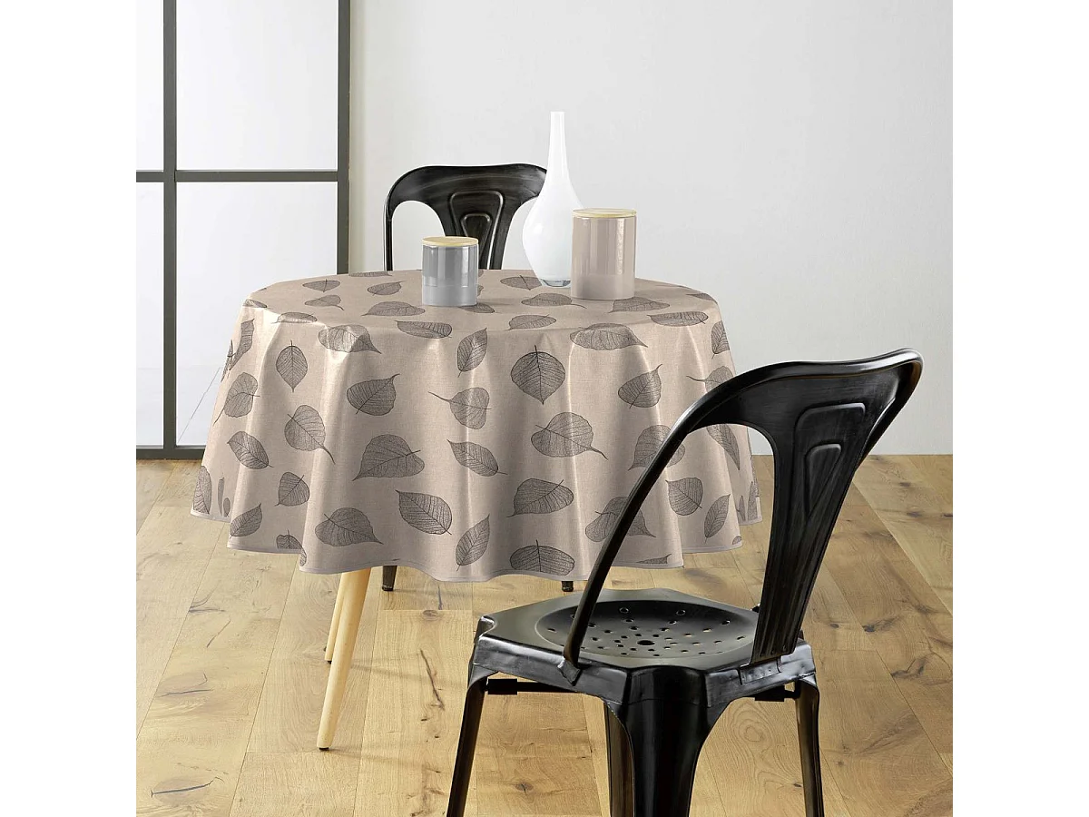 Nappe Toile Cirée Ronde "Feuillys" 160cm Beige Lin