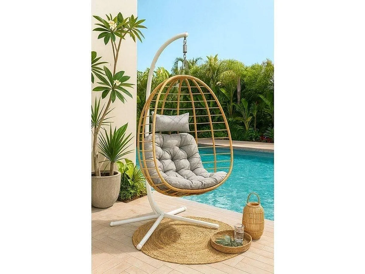 Moderne Hangende Ei Stoel met Crème Stalen Frame en Beige Geweven Hars - H200 cm