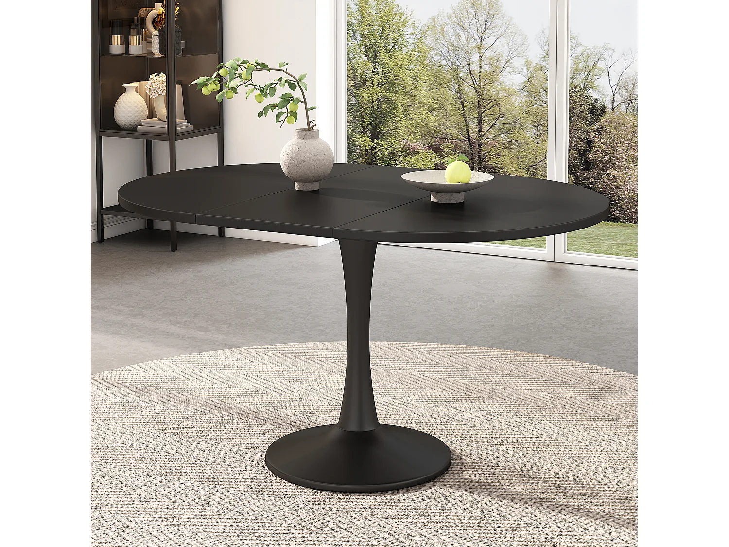 Table à manger extensible ovale noire, pied central, 100-140 cm, design moderne