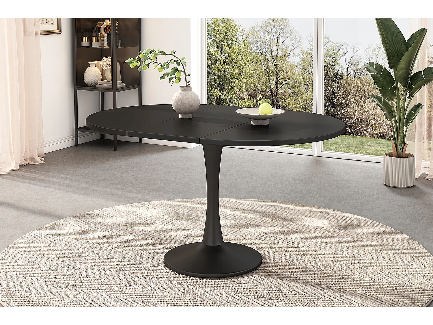Table à manger extensible ovale noire, pied central, 100-140 cm, design moderne