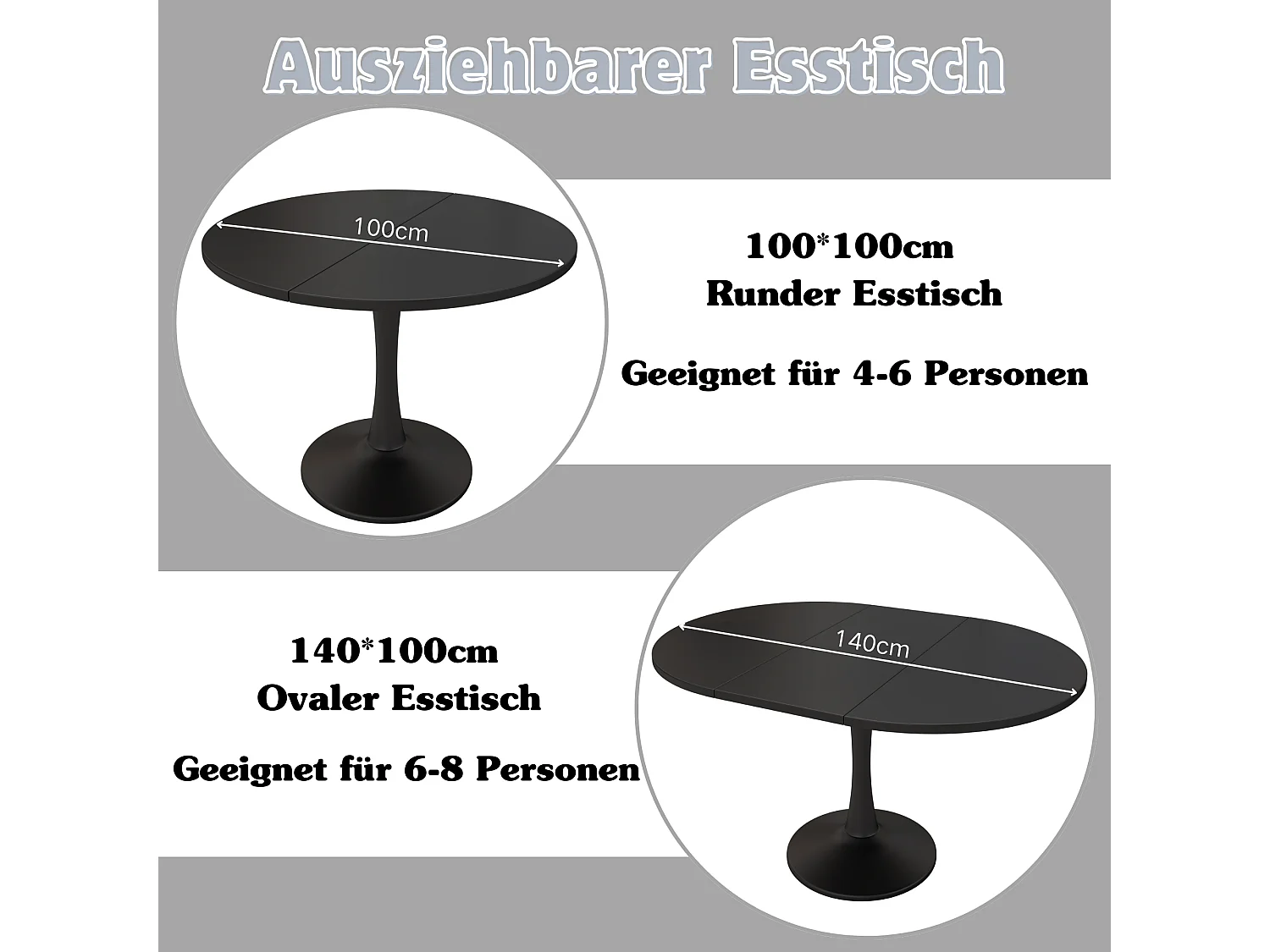 Table à manger extensible ovale noire, pied central, 100-140 cm, design moderne