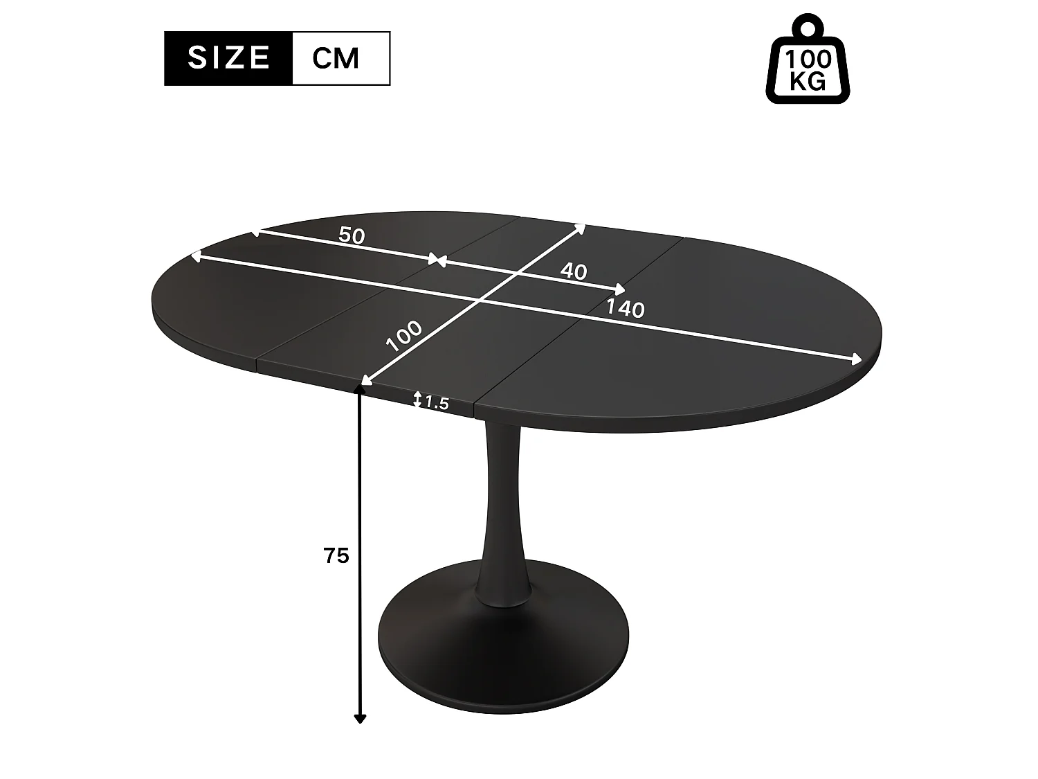 Table à manger extensible ovale noire, pied central, 100-140 cm, design moderne