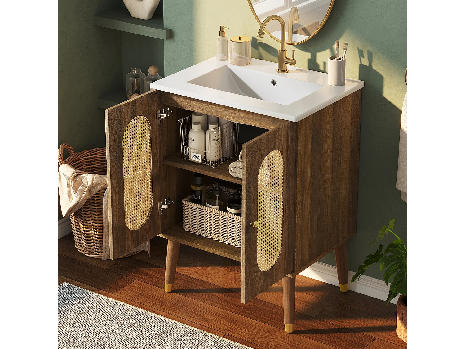 Meuble vasque en noyer 61 cm, portes en rotin, lavabo céramique, pieds dorés, design rétro