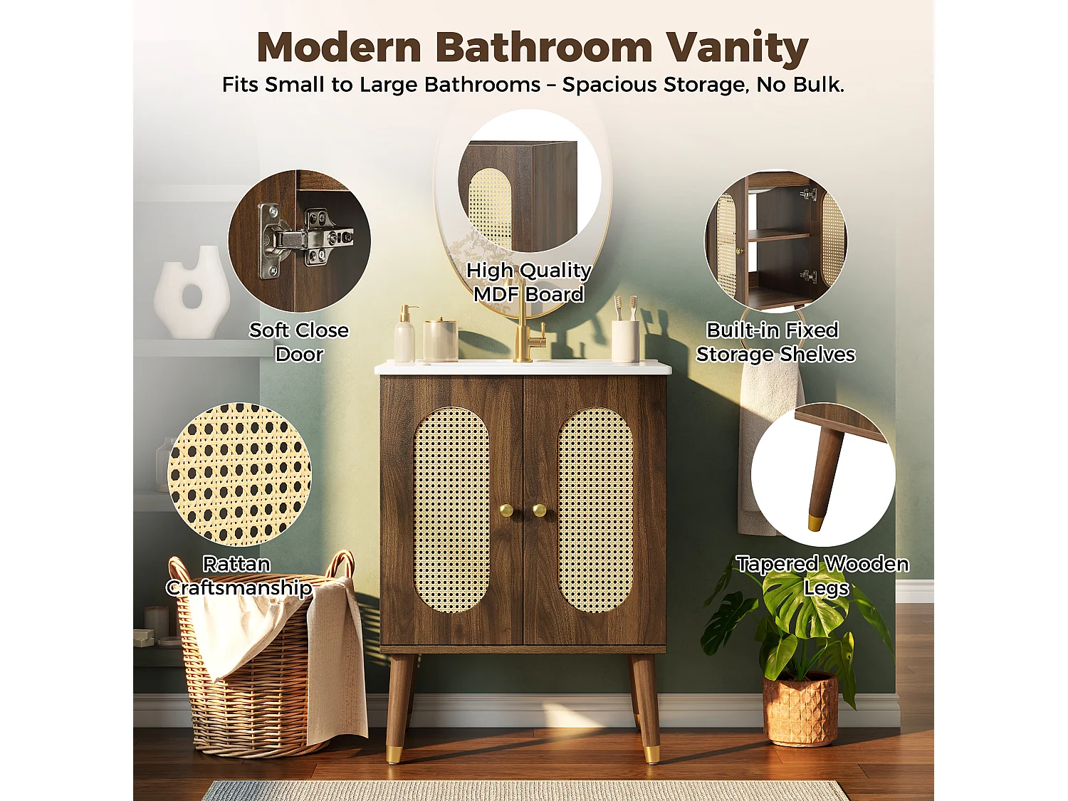 Meuble vasque en noyer 61 cm, portes en rotin, lavabo céramique, pieds dorés, design rétro