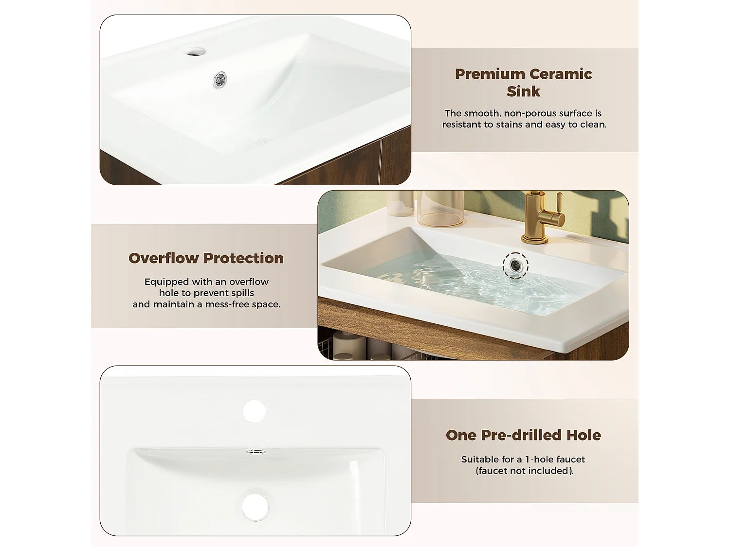 Meuble vasque en noyer 61 cm, portes en rotin, lavabo céramique, pieds dorés, design rétro