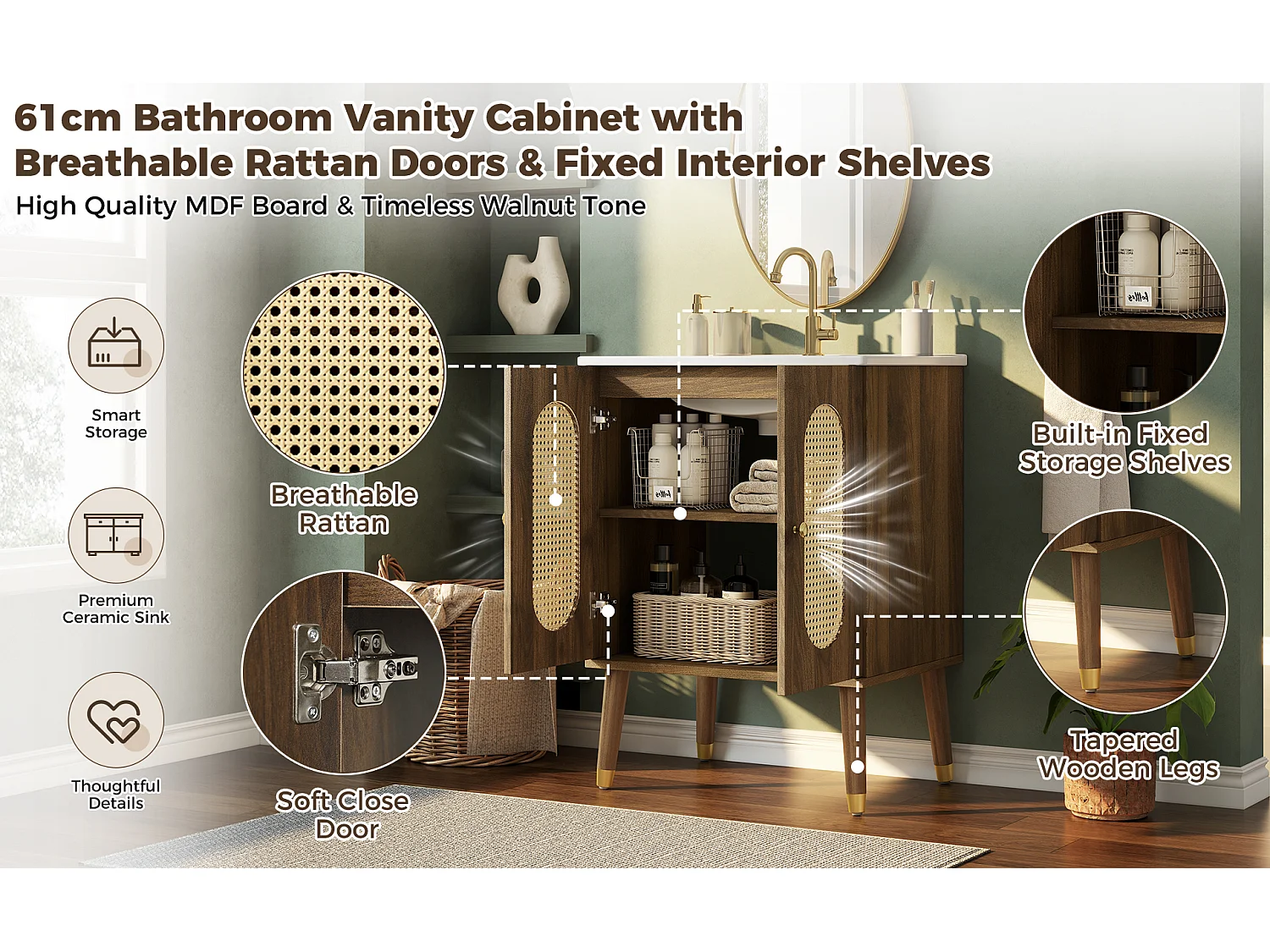 Meuble vasque en noyer 61 cm, portes en rotin, lavabo céramique, pieds dorés, design rétro