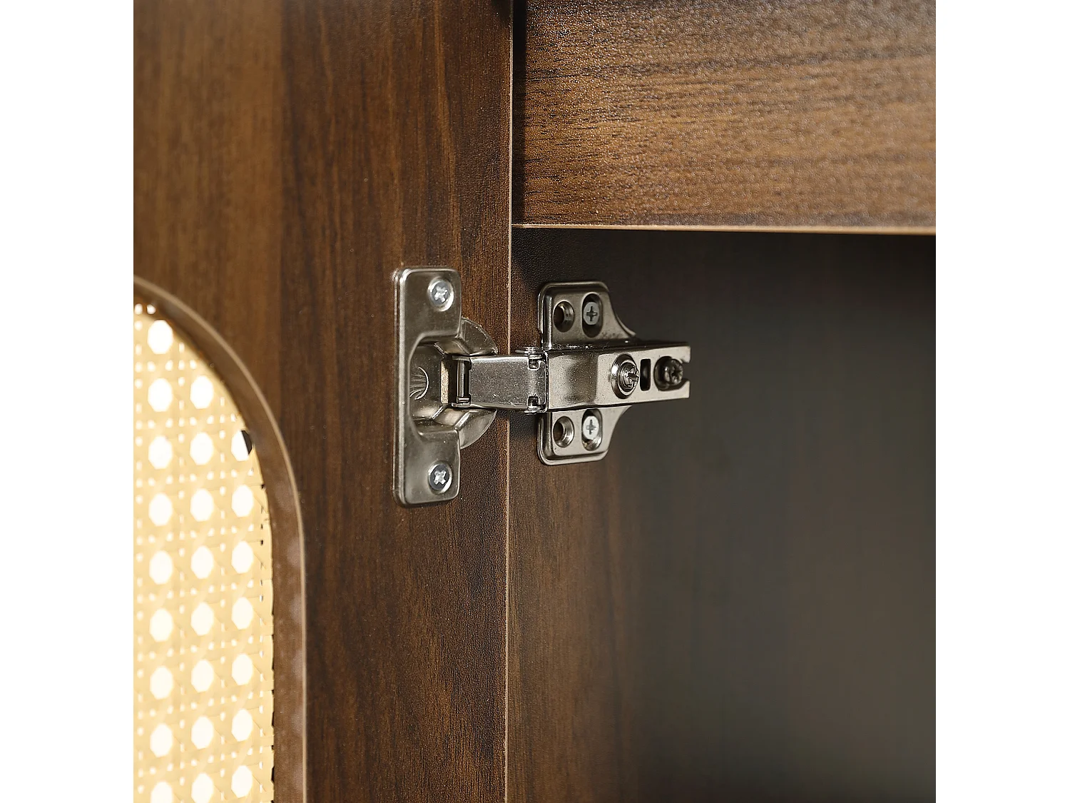 Meuble vasque en noyer 61 cm, portes en rotin, lavabo céramique, pieds dorés, design rétro