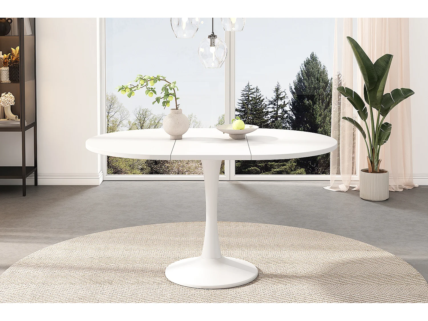 Table à manger extensible ovale blanche, pied central, 100-140 cm, design moderne