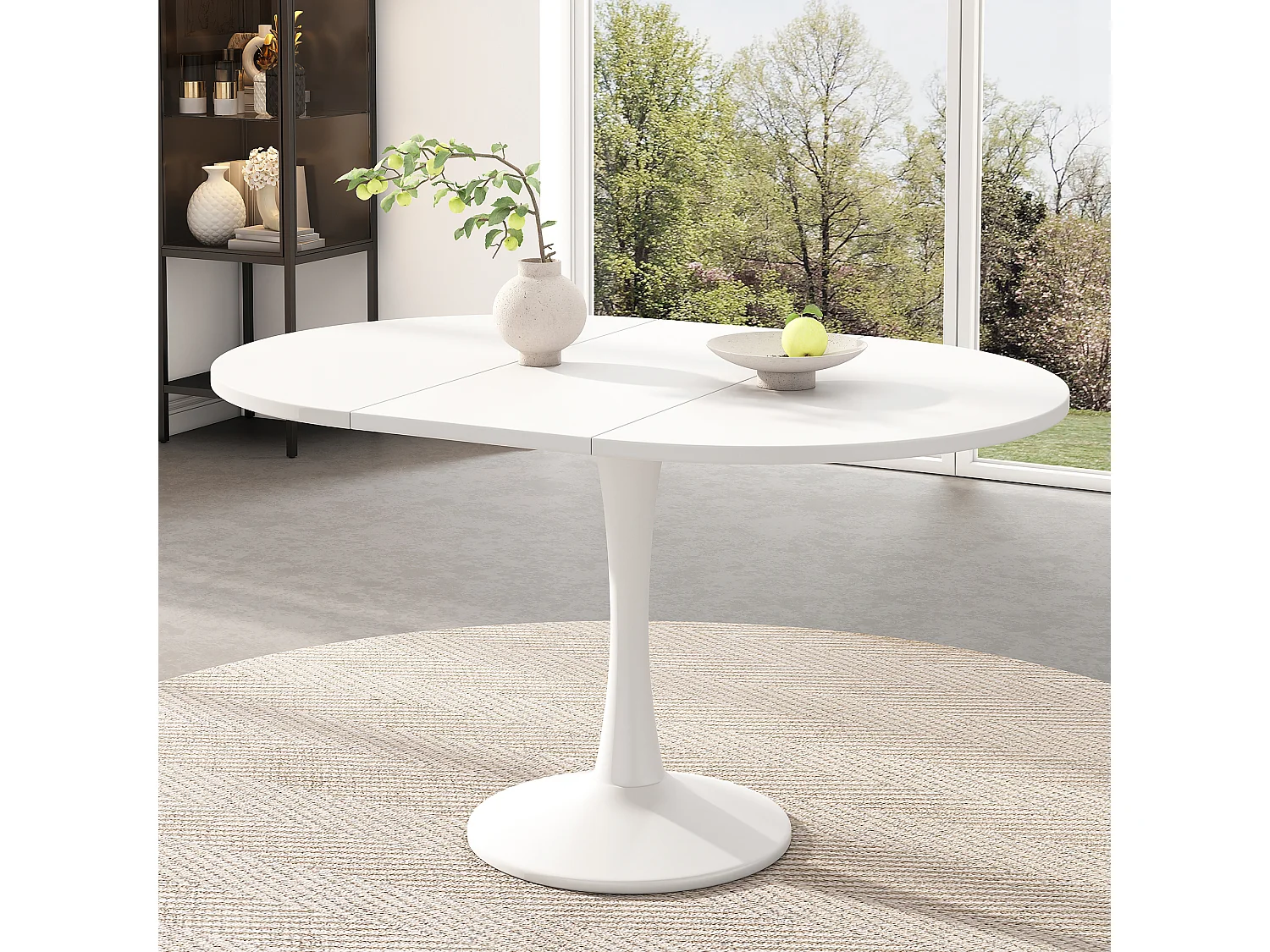 Table à manger extensible ovale blanche, pied central, 100-140 cm, design moderne