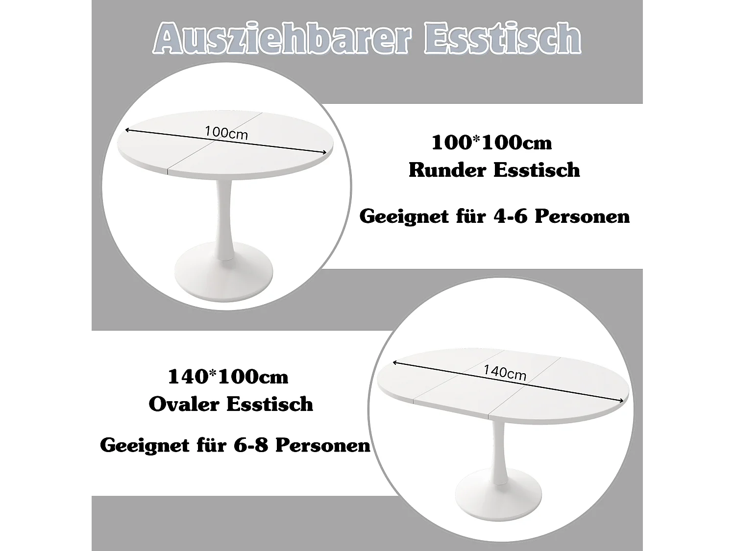 Table à manger extensible ovale blanche, pied central, 100-140 cm, design moderne